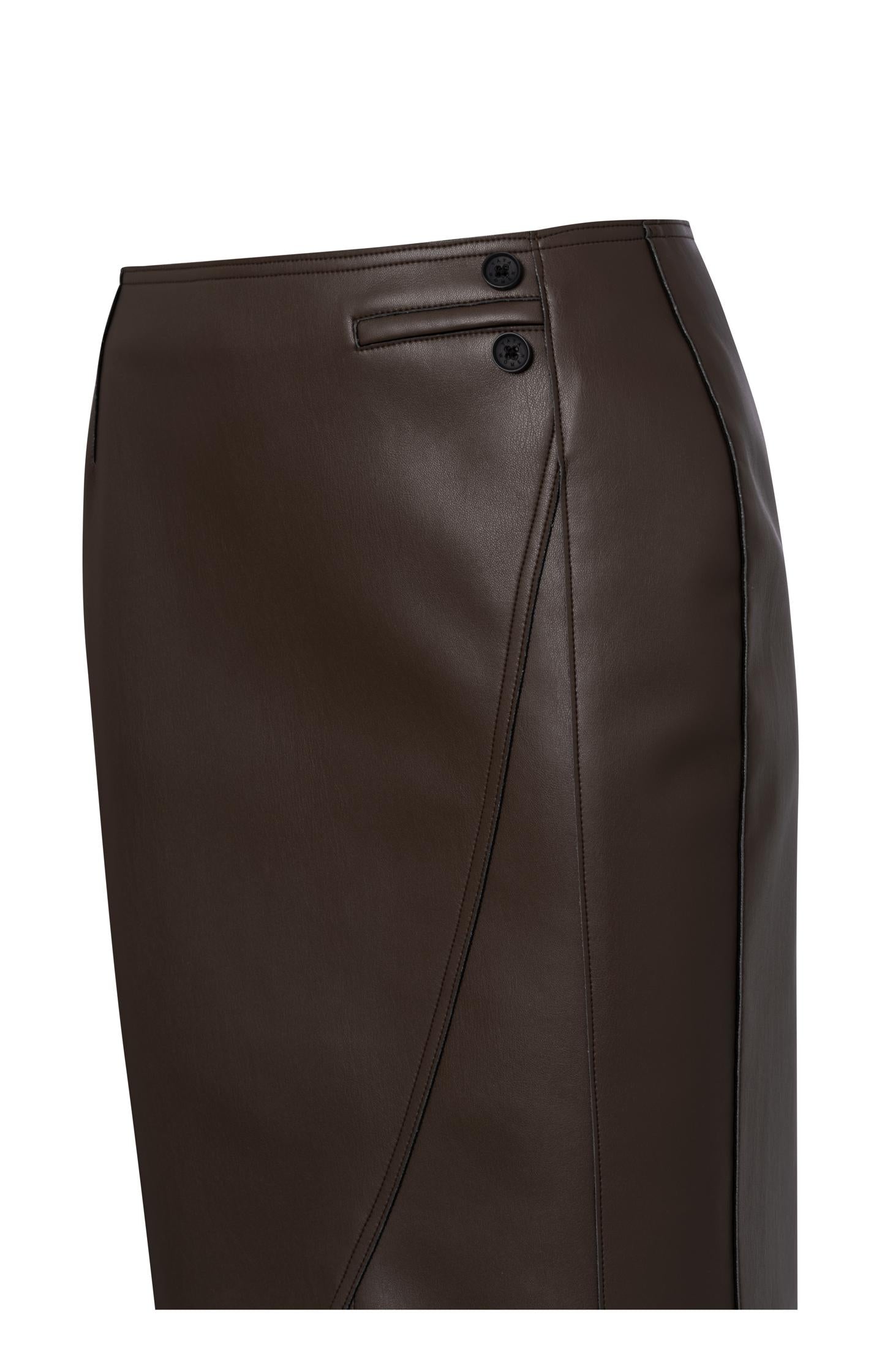 Brown faux leather midi skirt with asymmetric wrap-over