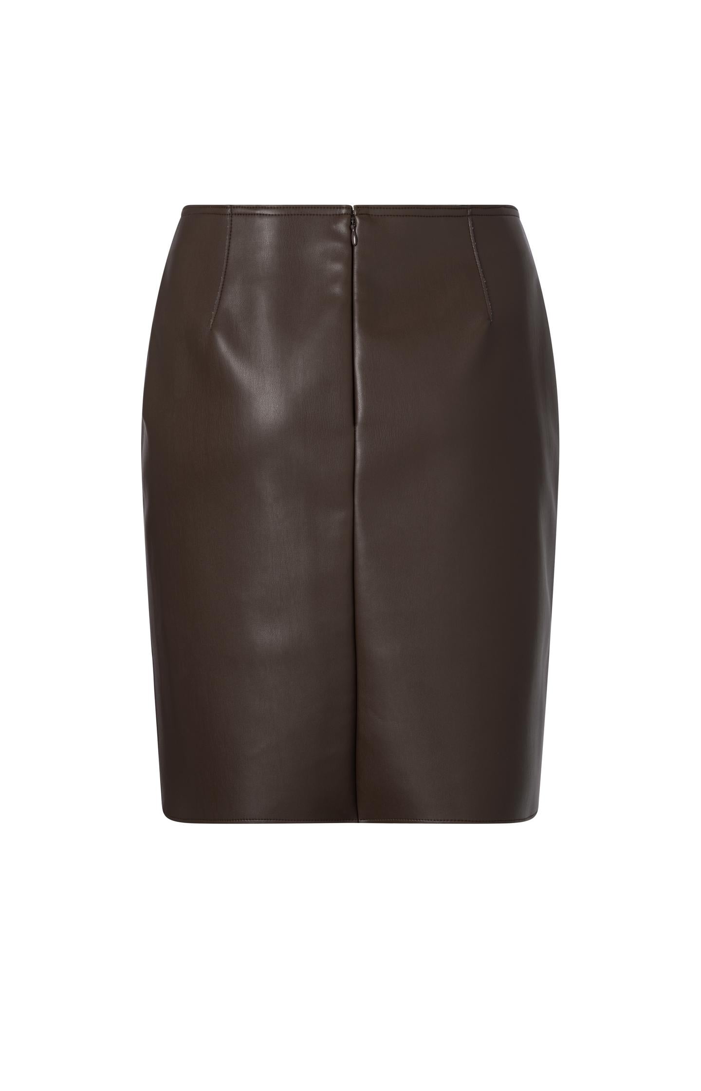 Brown faux leather midi skirt with asymmetric wrap-over