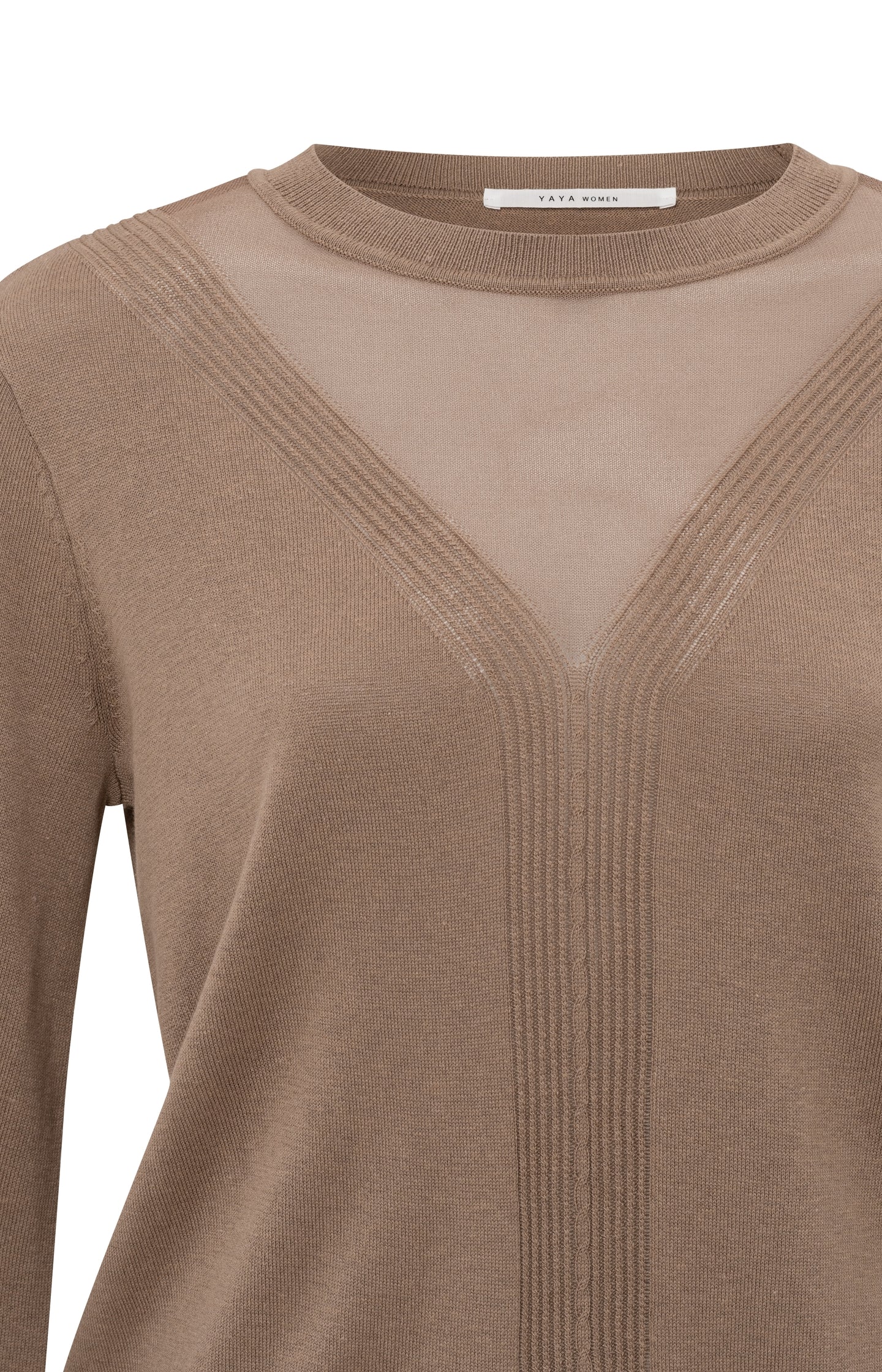 Brown sweater with transparent details and round neck