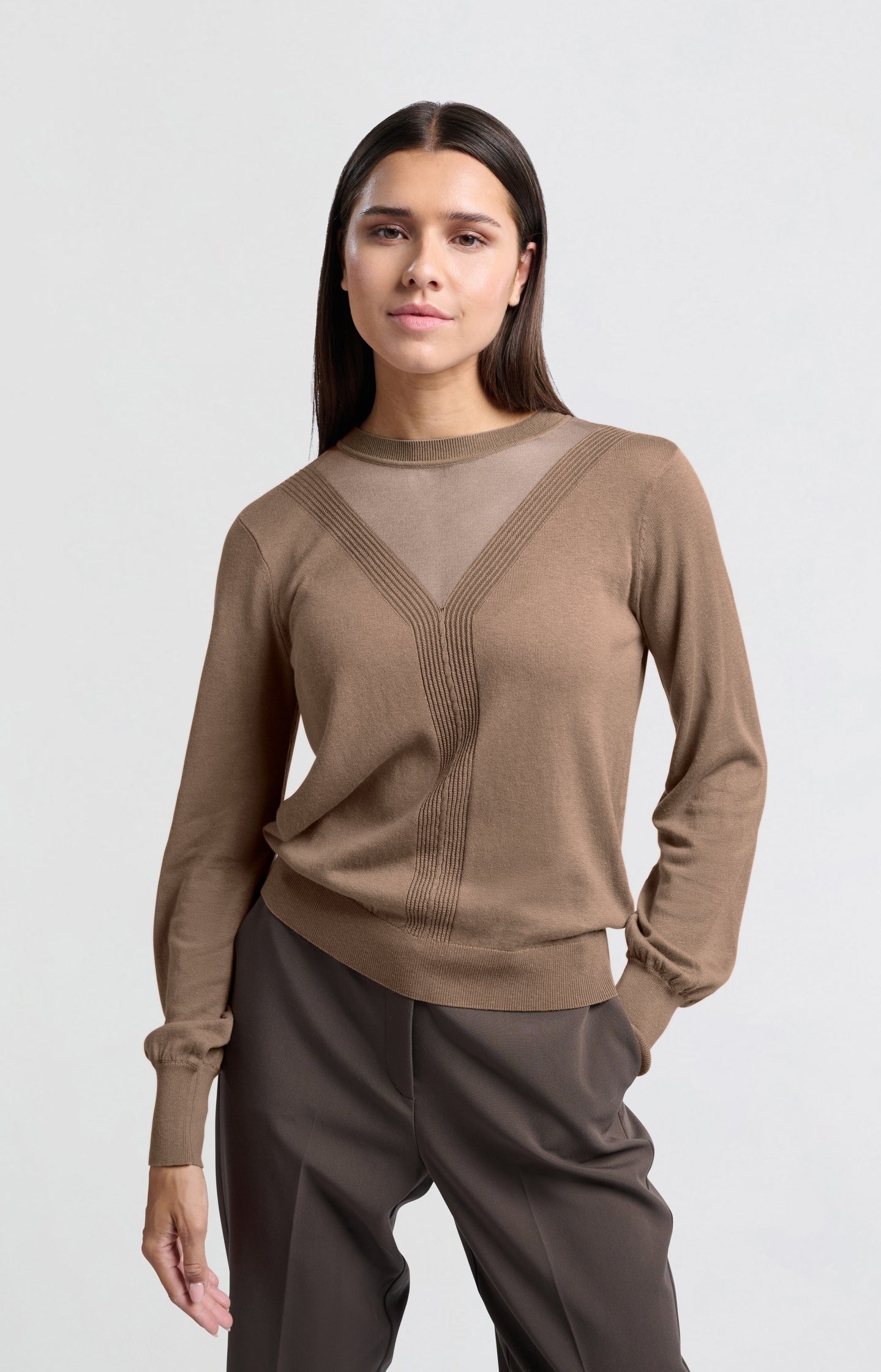 Brown sweater with transparent details and round neck