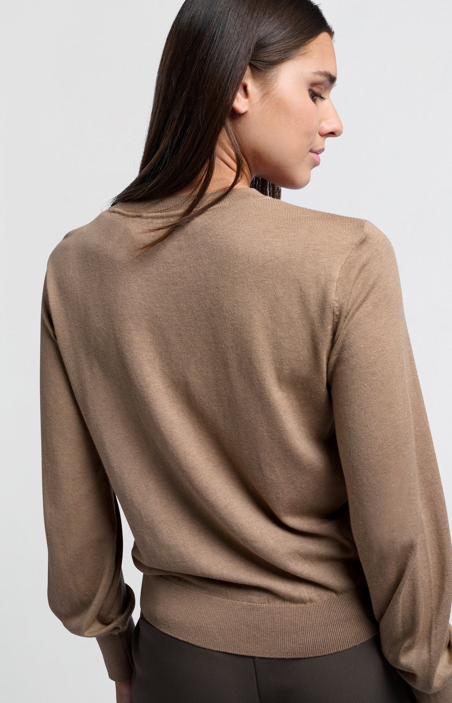 Brown sweater with transparent details and round neck