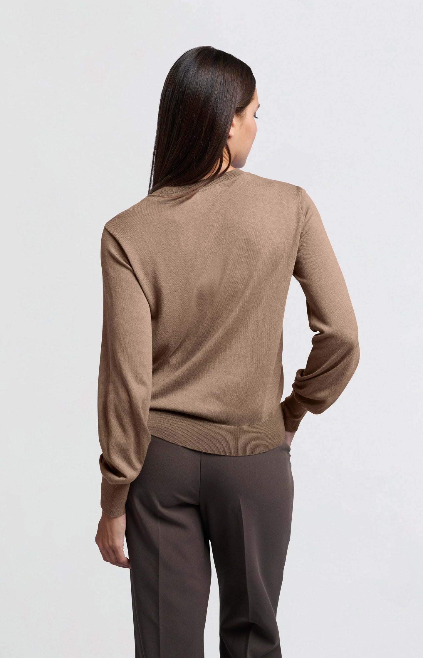 Brown sweater with transparent details and round neck