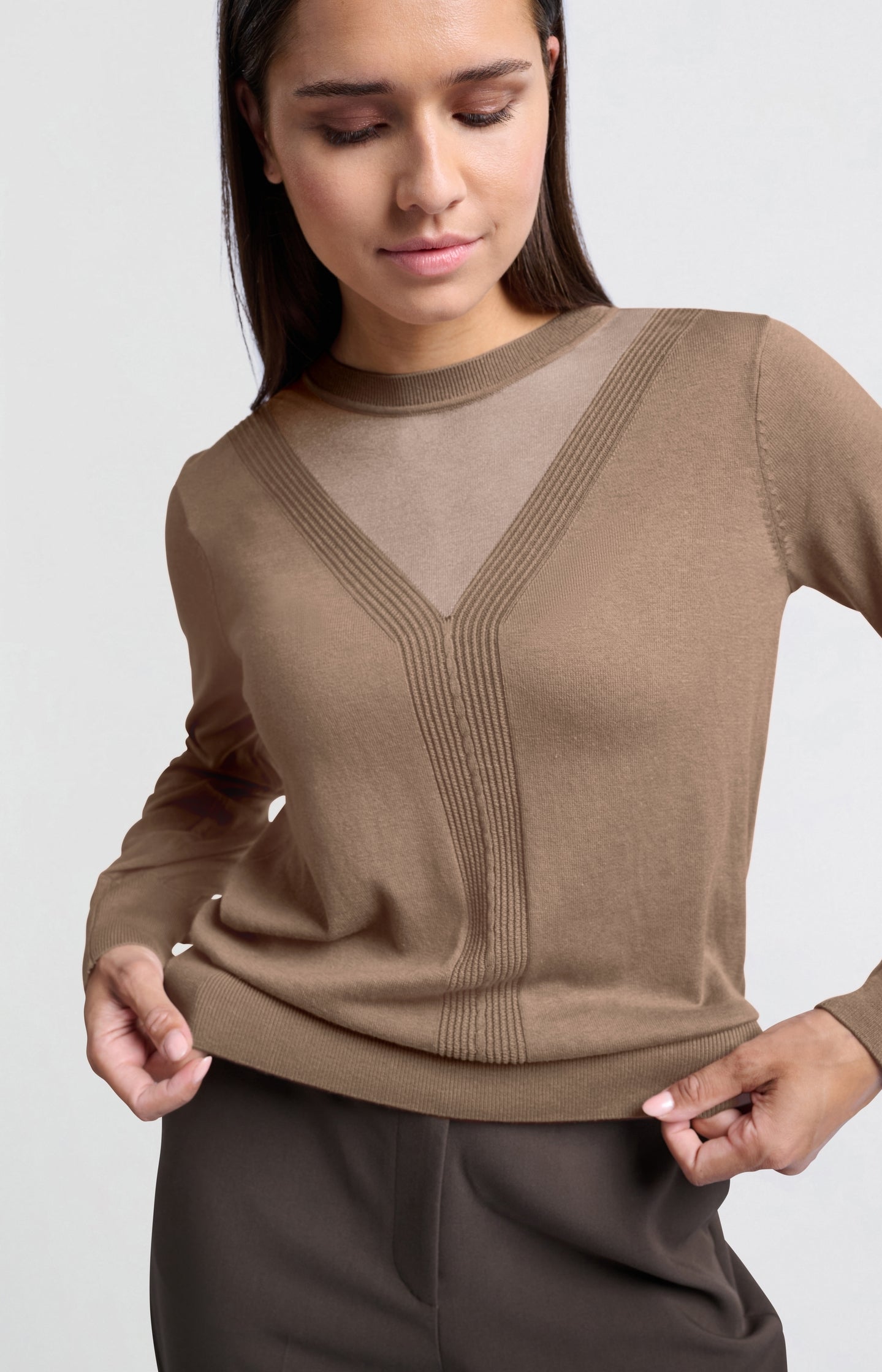 Brown sweater with transparent details and round neck