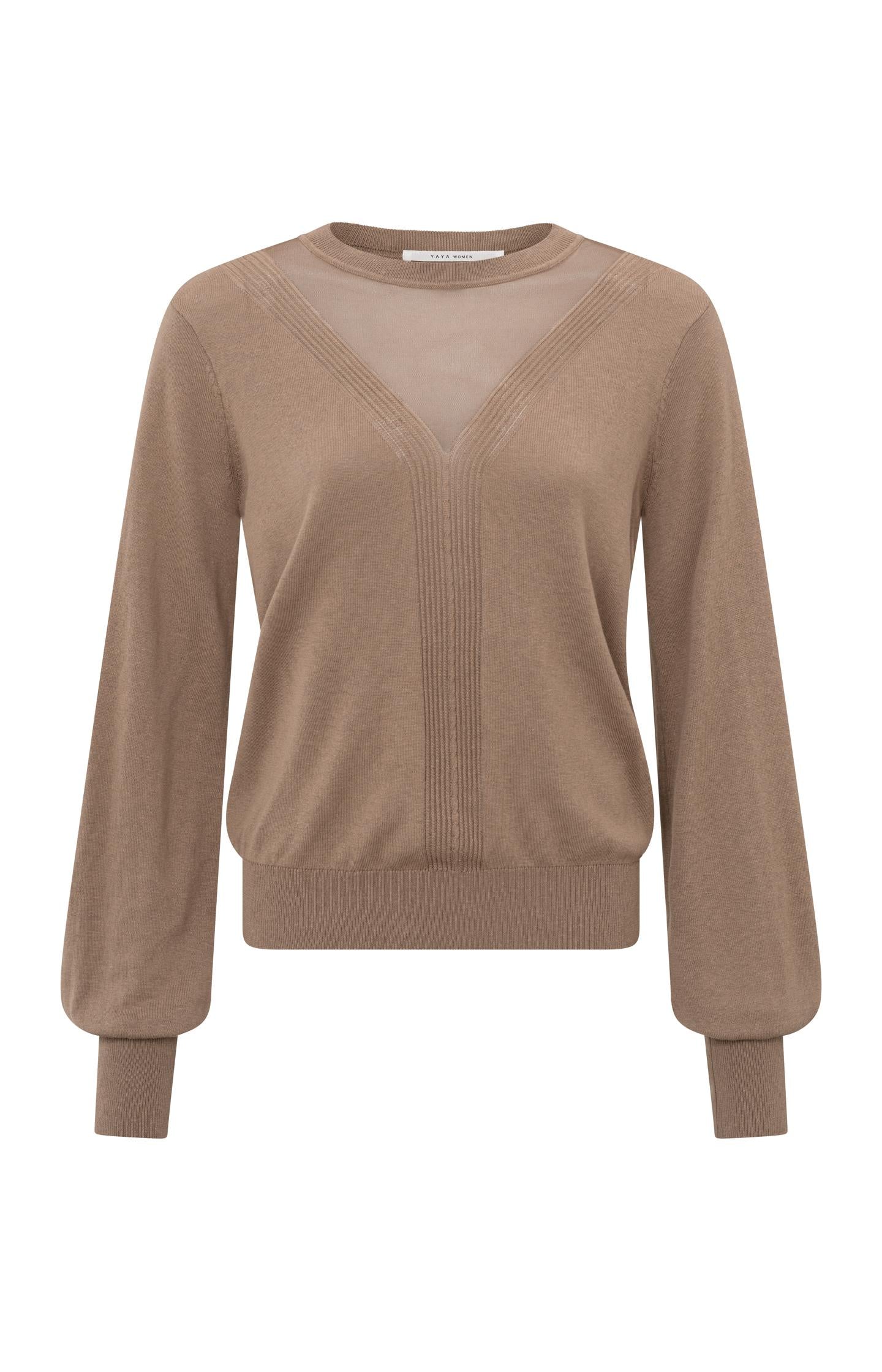 Brown sweater with transparent details and round neck - Type: product