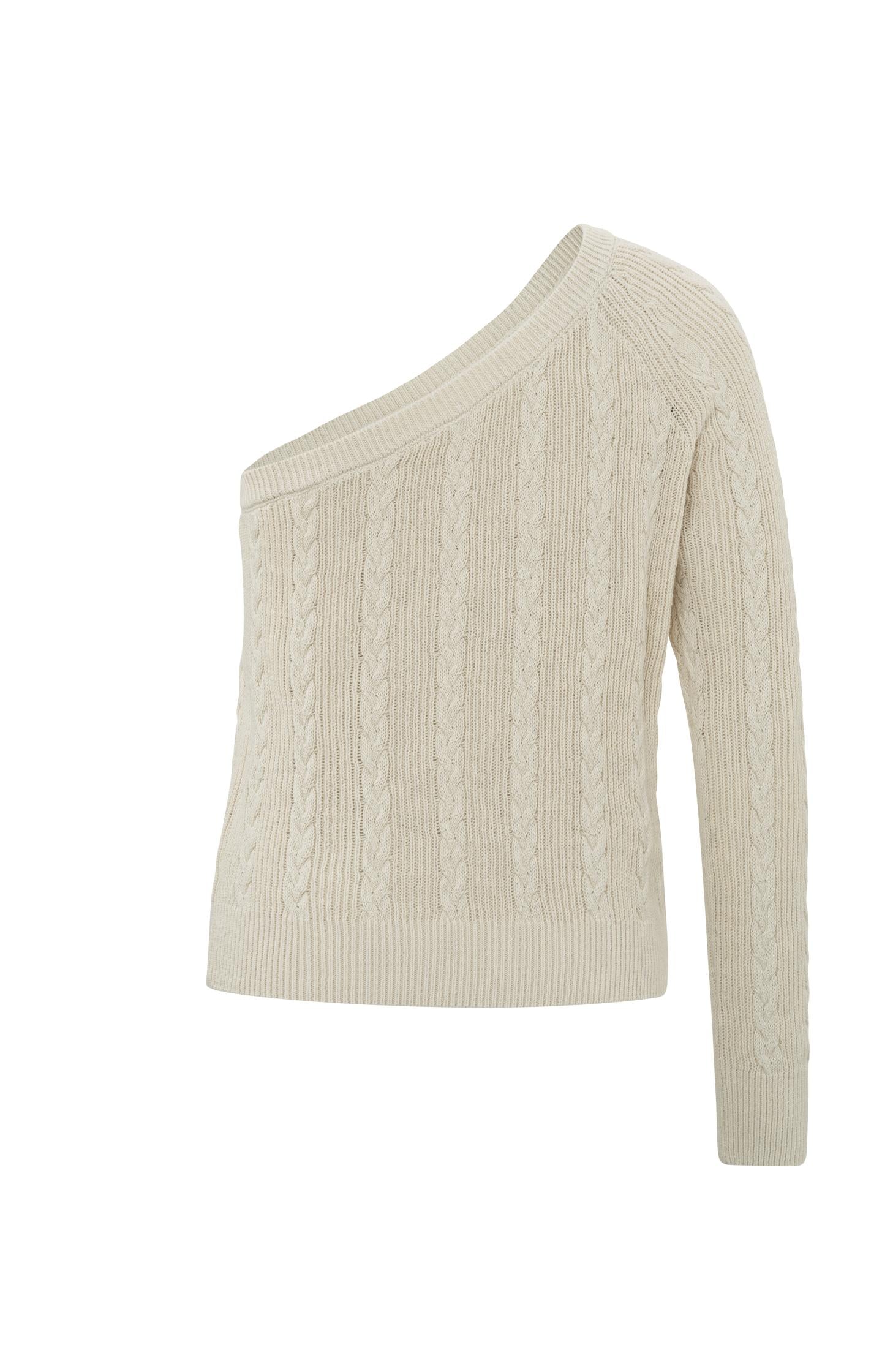 Cable sweater with slanted neckline and sleeveless side