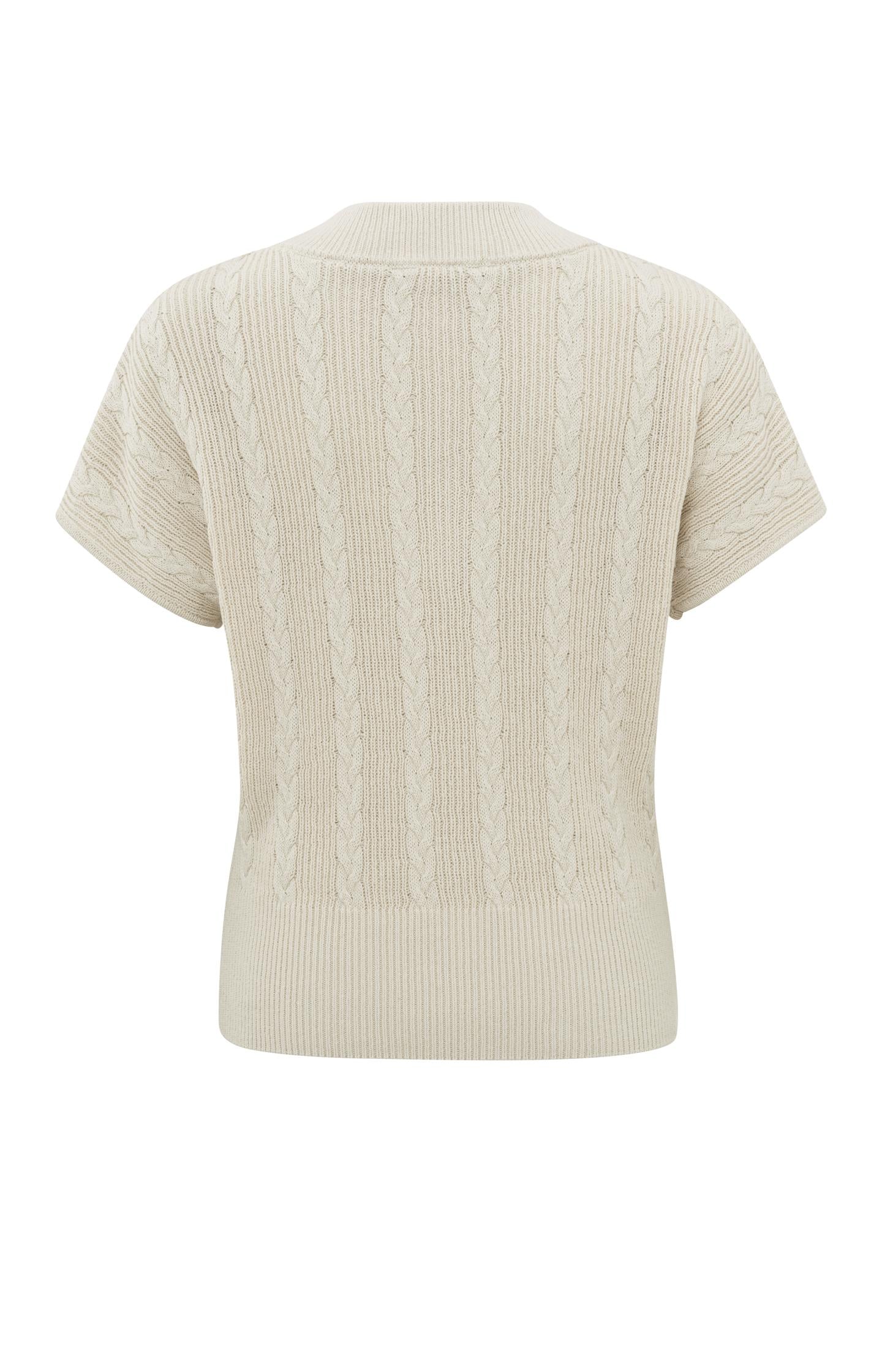 Cable sweater with V-neck, short sleeves and rib details