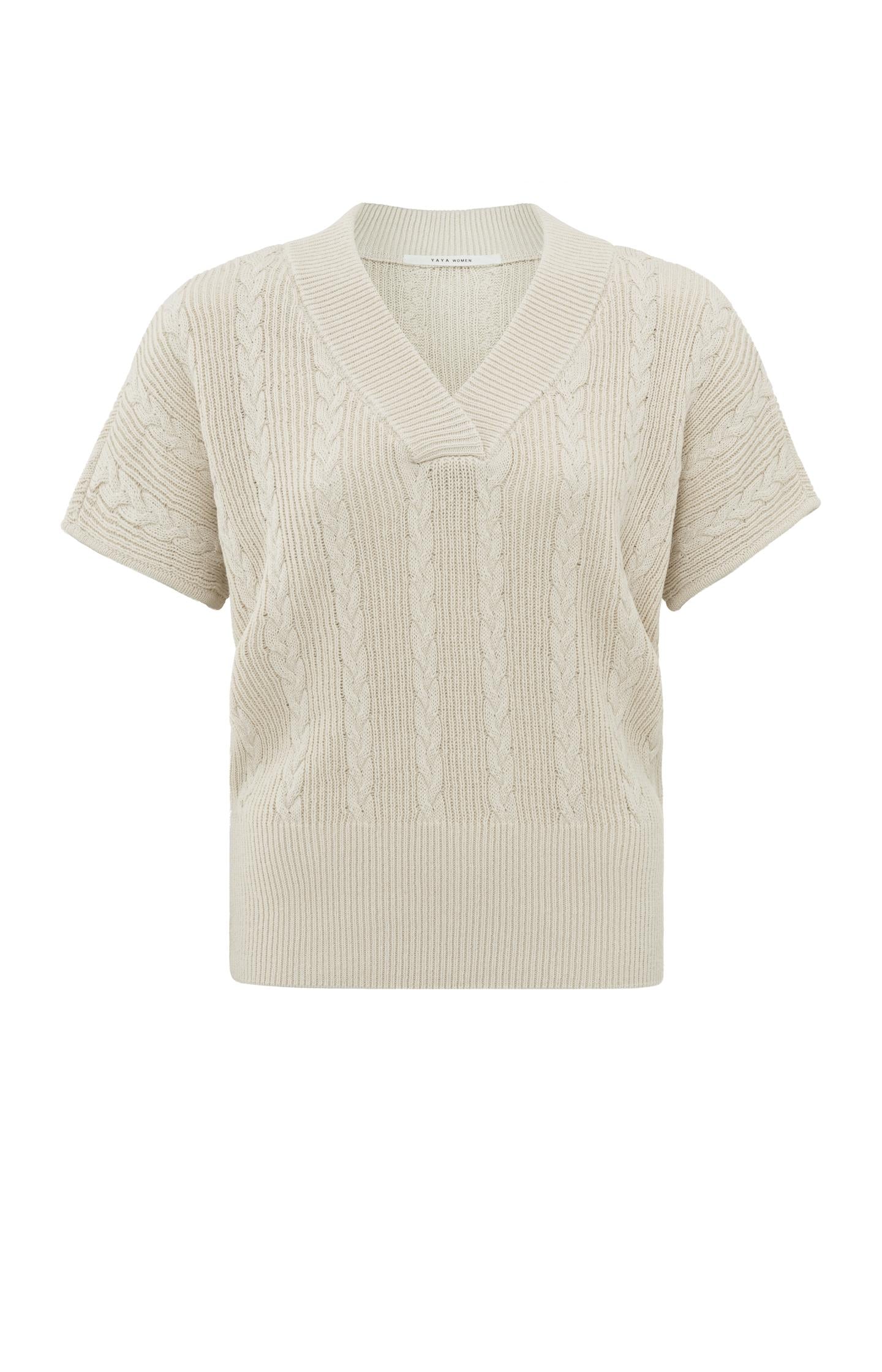 Cable sweater with V-neck, short sleeves and rib details - Type: product