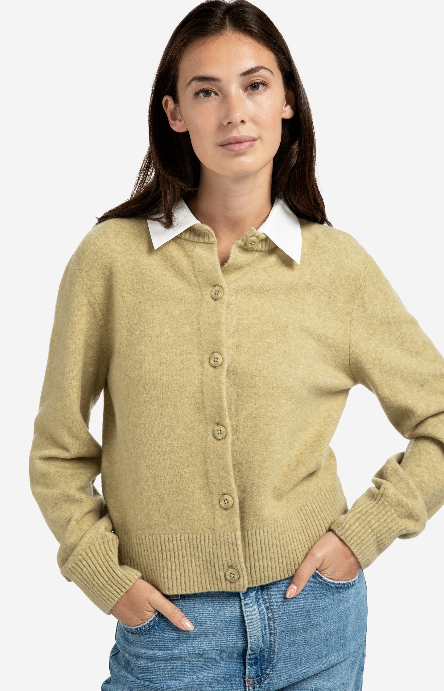 Cardigan with detachable collar and button closure
