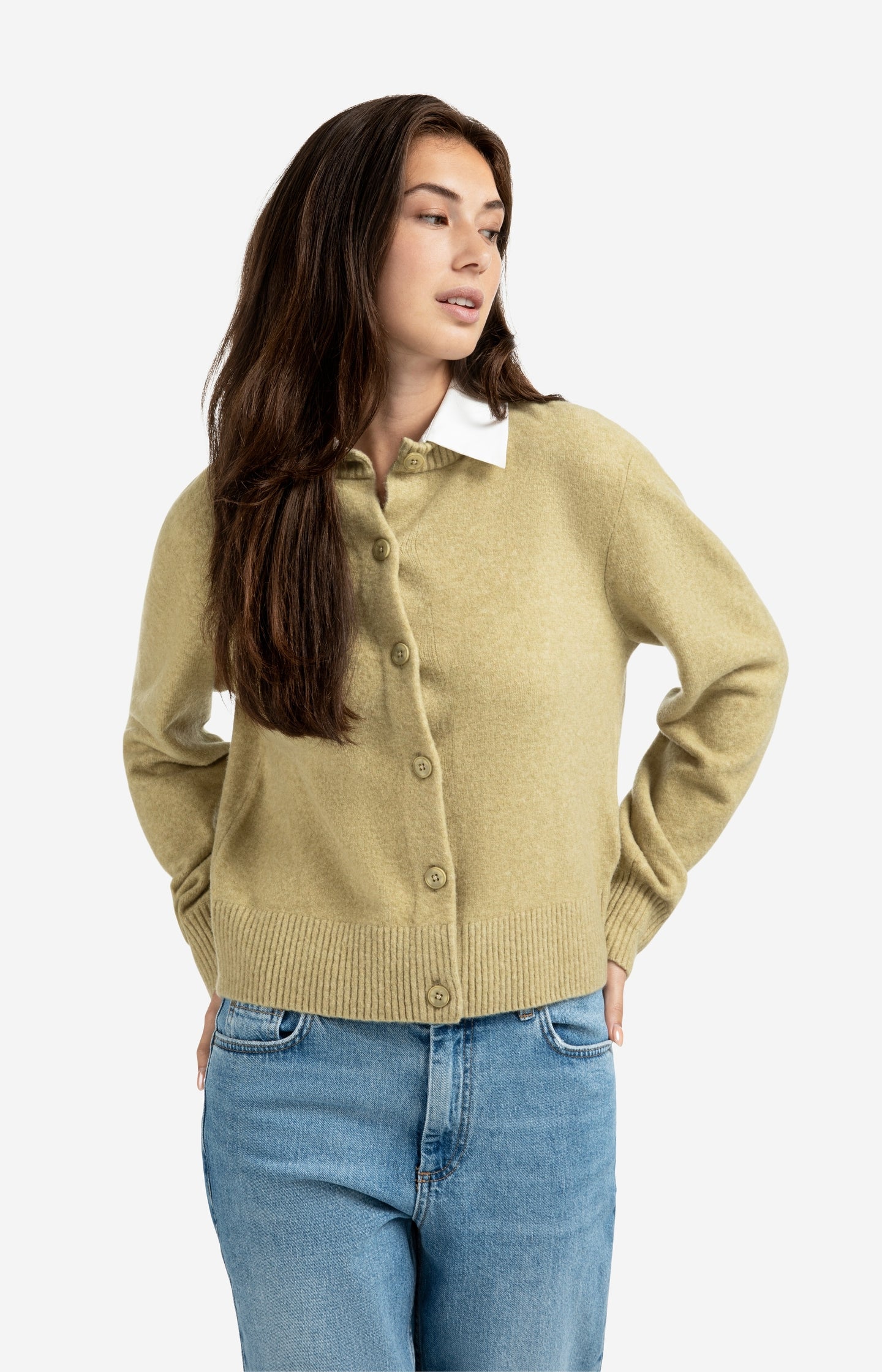 Cardigan with detachable collar and button closure