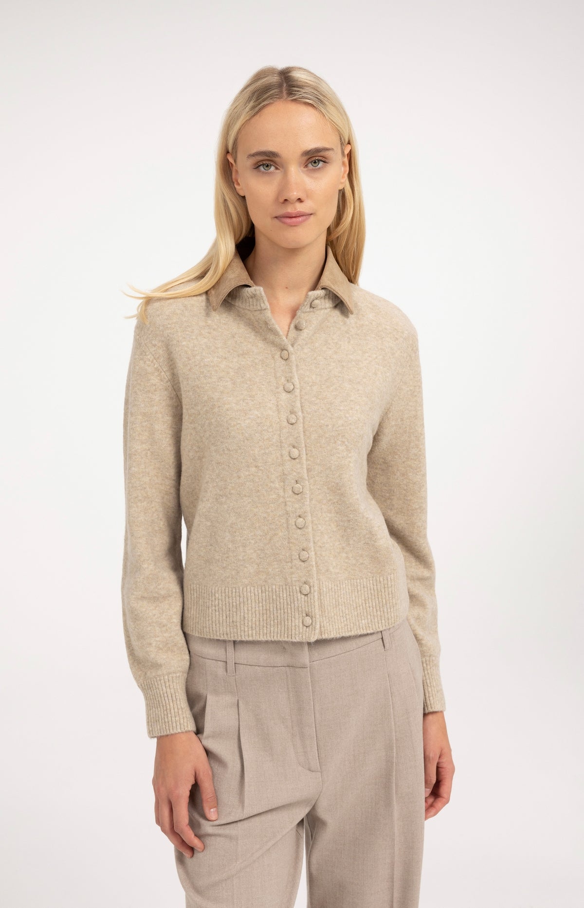 Cardigan with detachable collar - Light Beige Melange