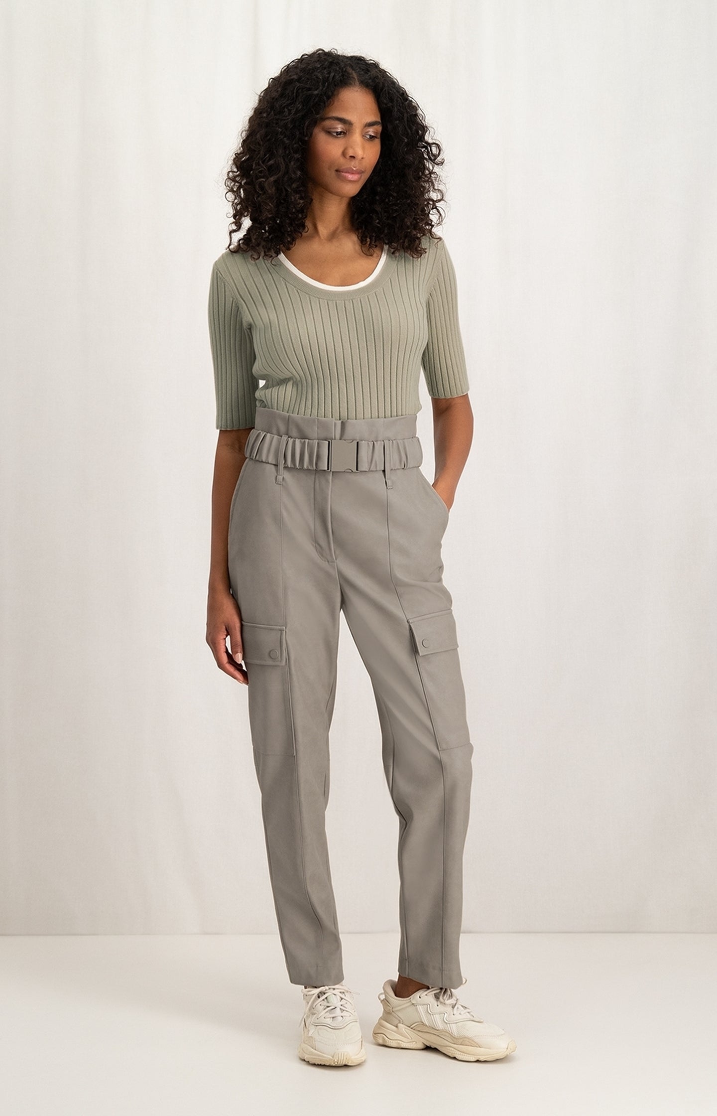 Cargo trousers with straight legs and belt in faux leather - Type: lookbook