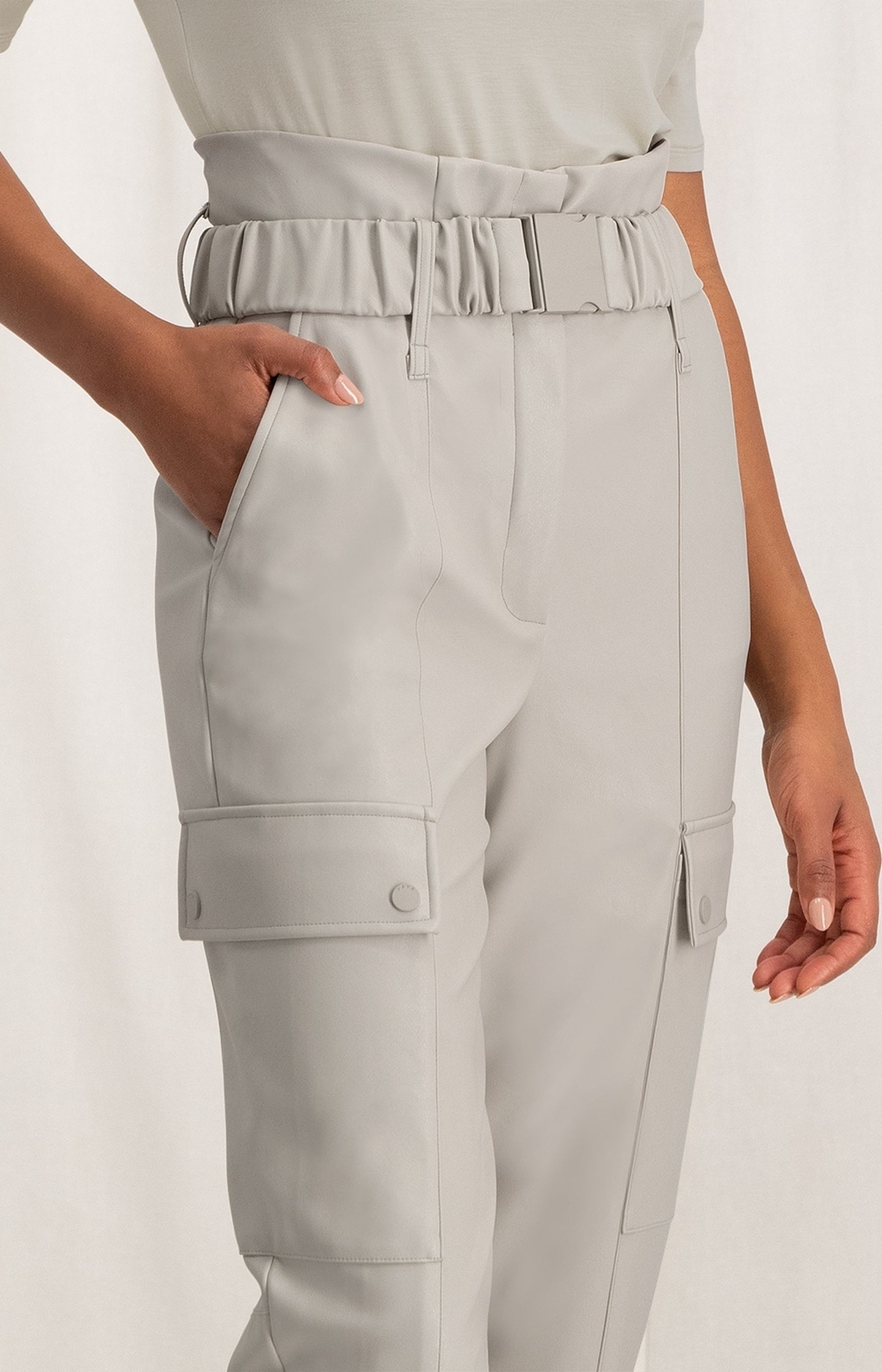 Cargo trousers with straight legs and belt in faux leather