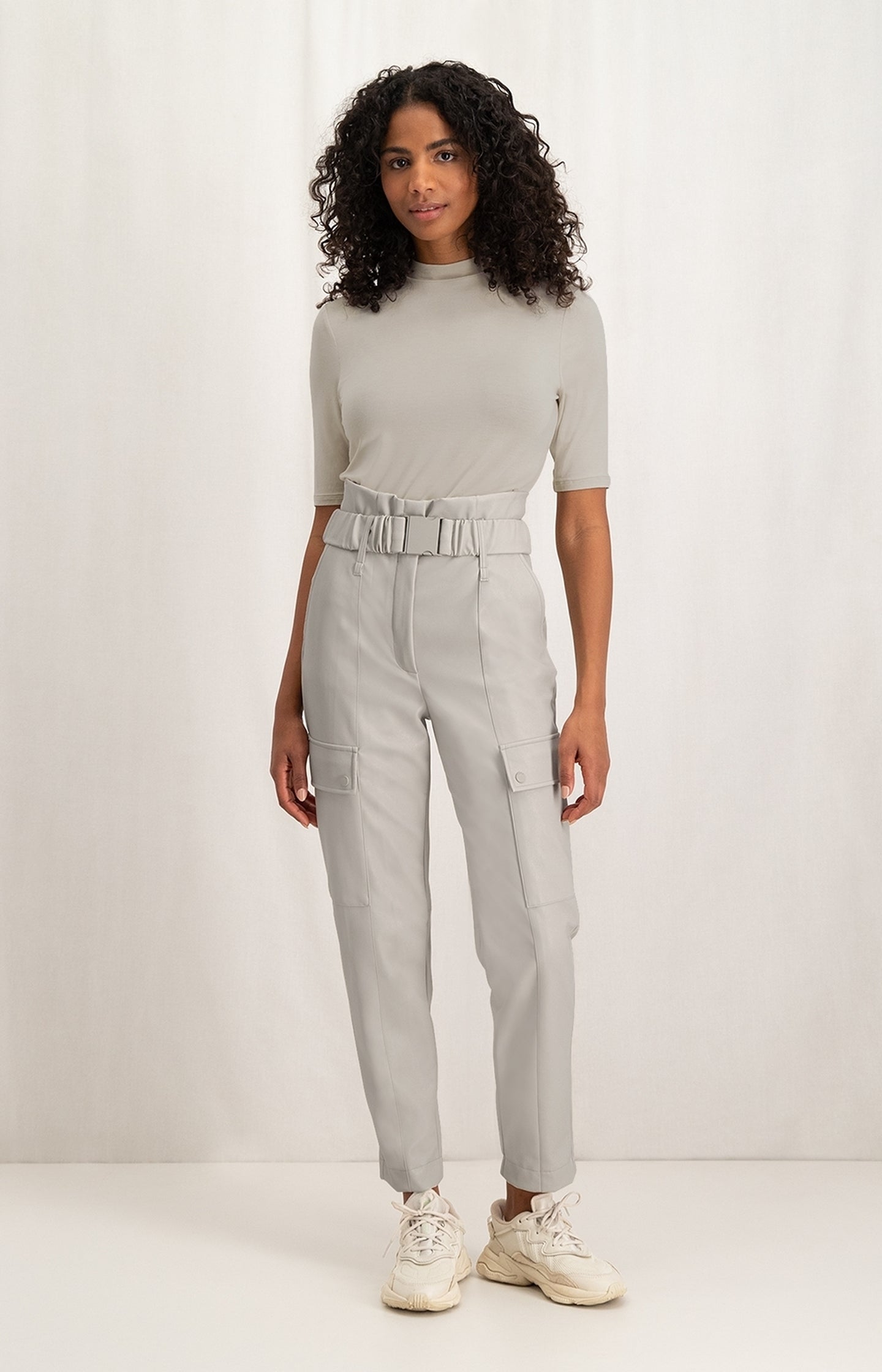 Cargo trousers with straight legs and belt in faux leather