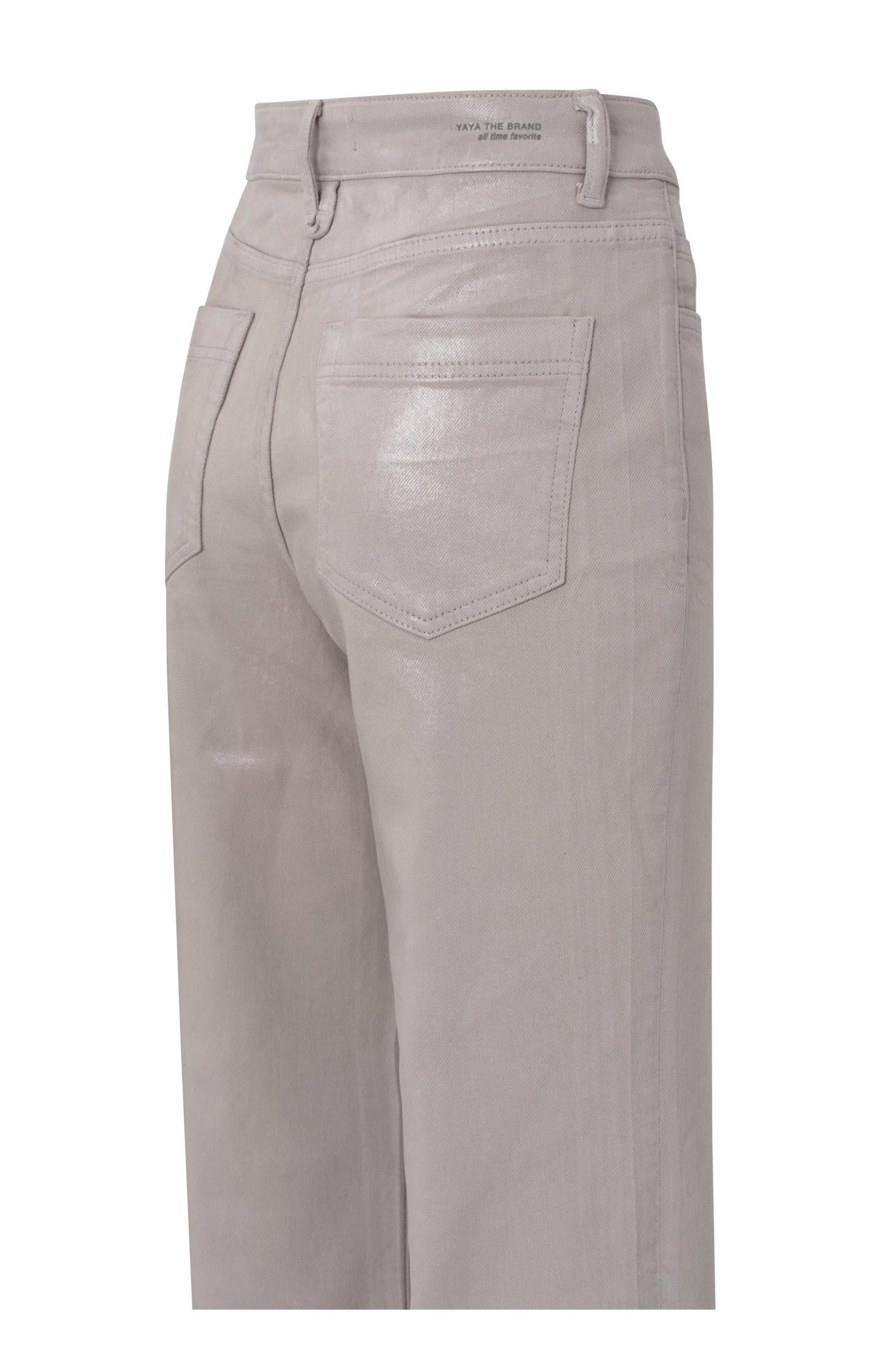 Coated denim trousers with wide legs and mid-rise waist