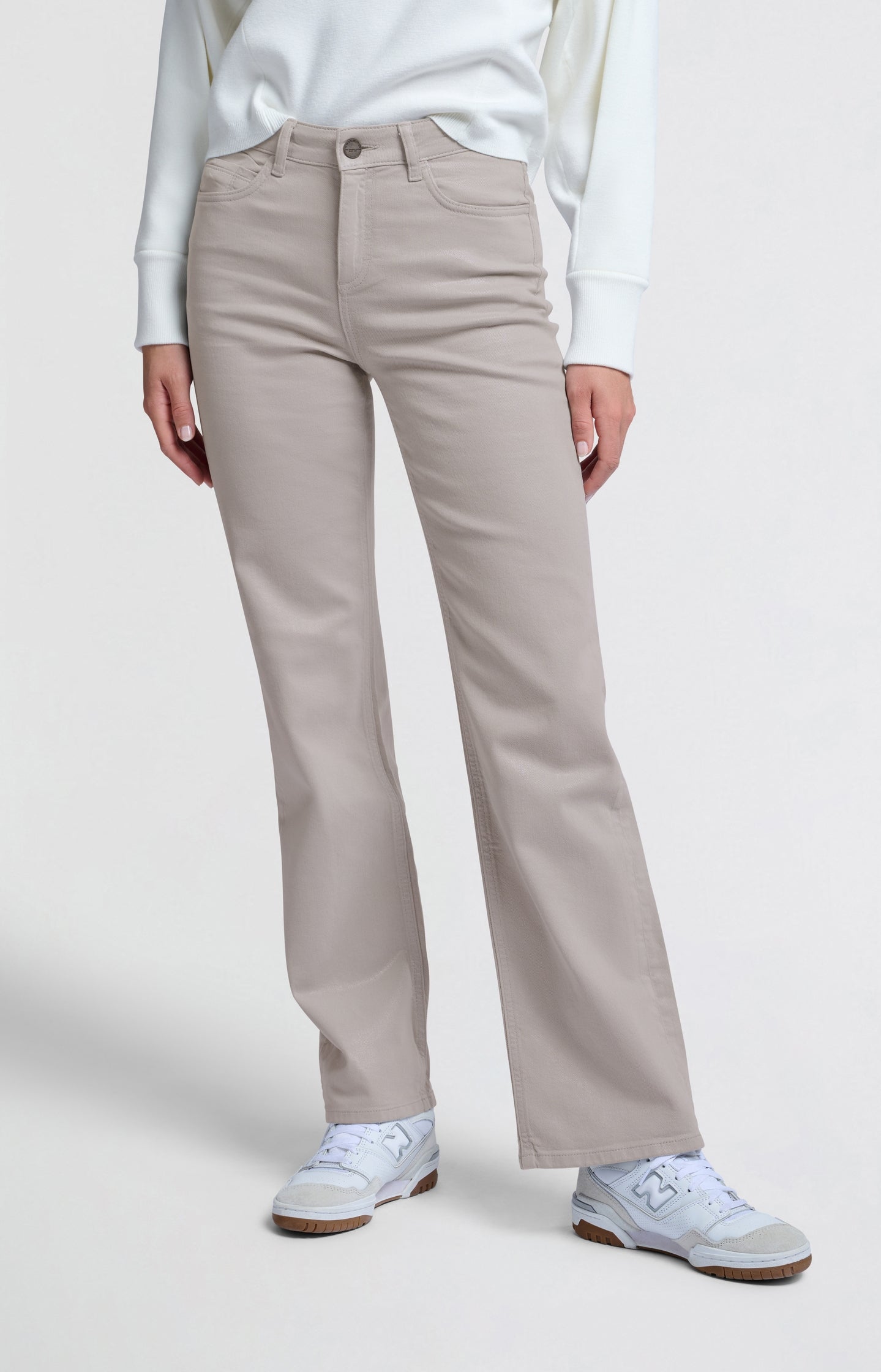 Coated denim trousers with wide legs and mid-rise waist