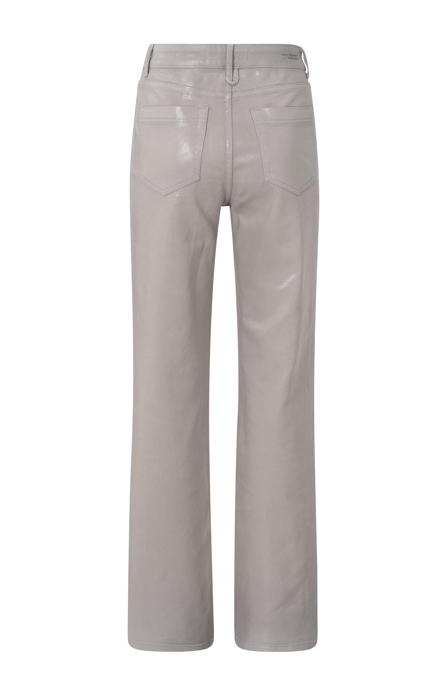 Coated denim trousers with wide legs and mid-rise waist