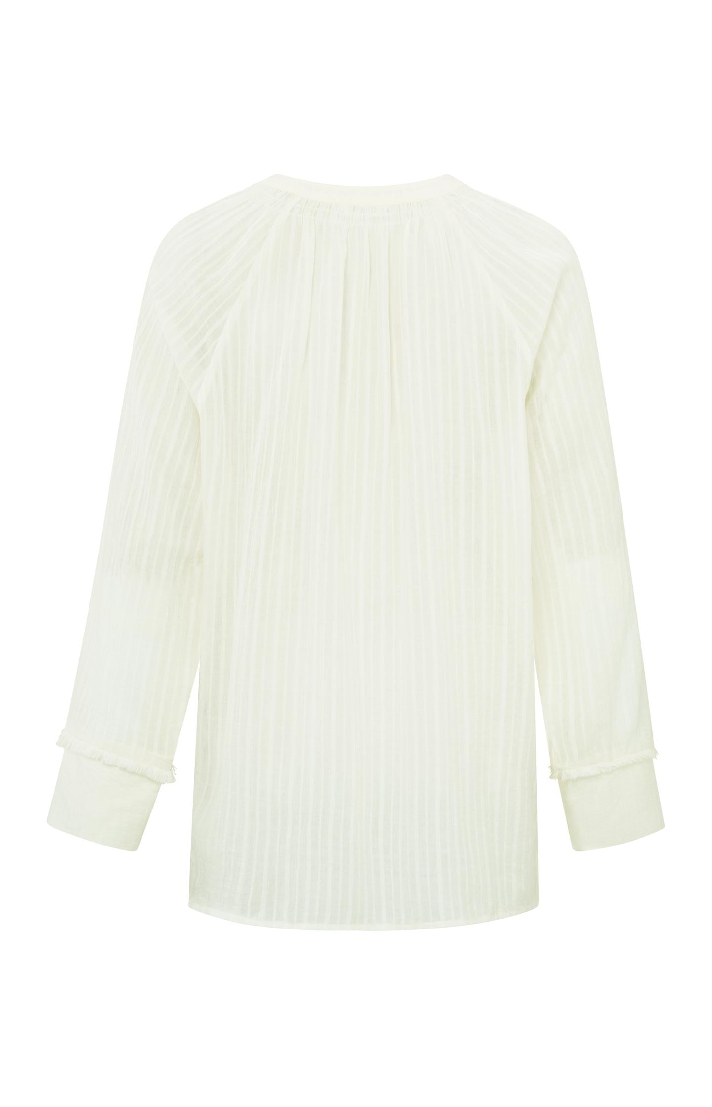 Cotton top with V-neck, long sleeves and fringe details - Ivory White