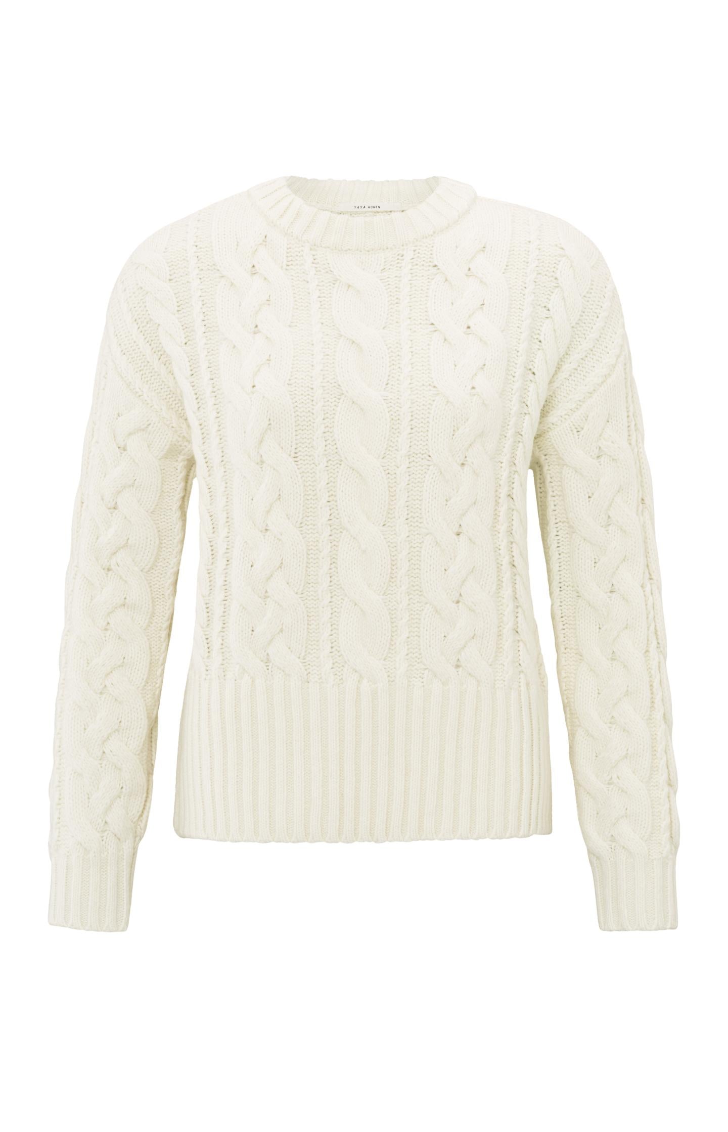 Cream-colored cable sweater with round neck and long sleeves - Type: product