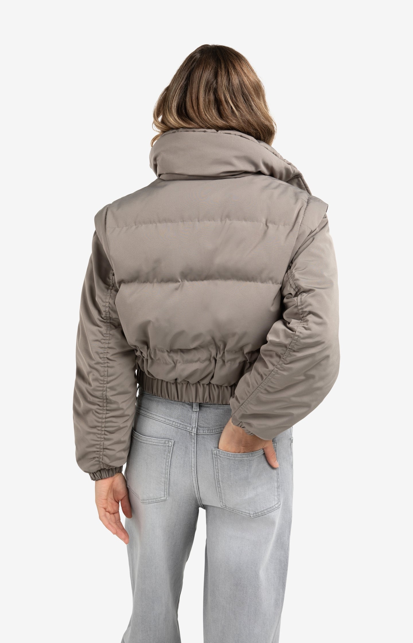 Cropped nylon jacket with zip-off sleeves