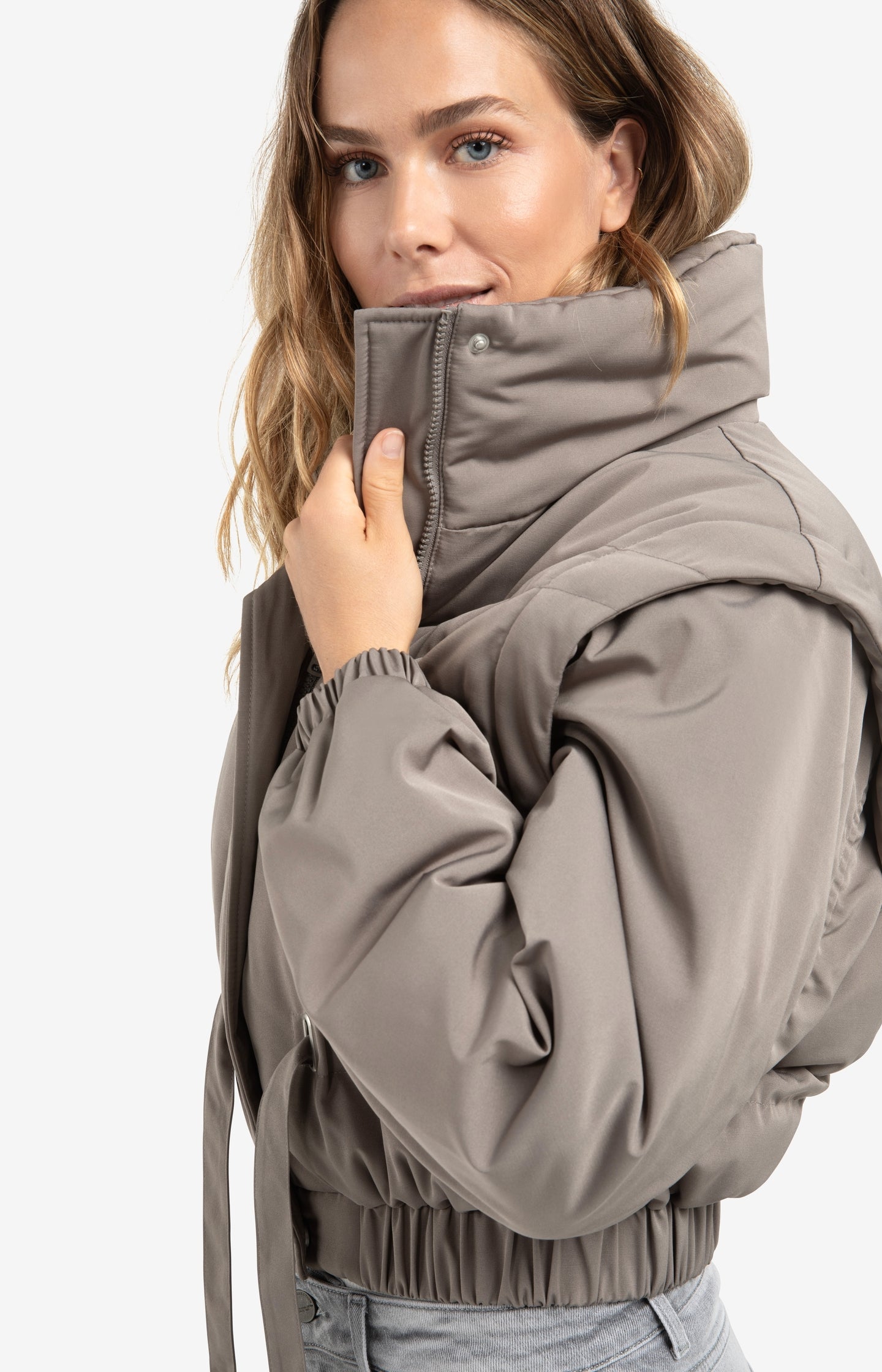 Cropped nylon jacket with zip-off sleeves