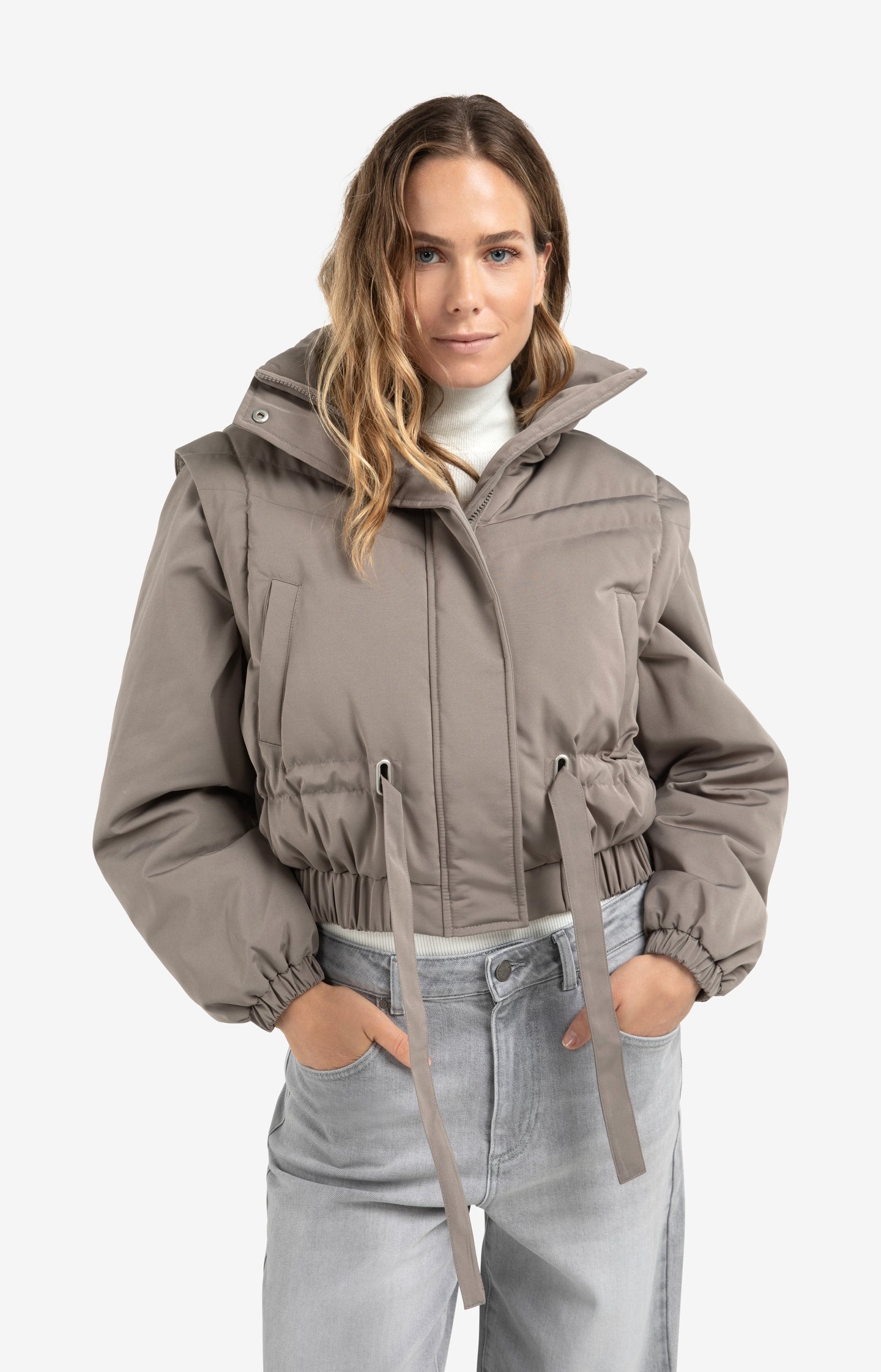 Cropped nylon jacket with zip-off sleeves