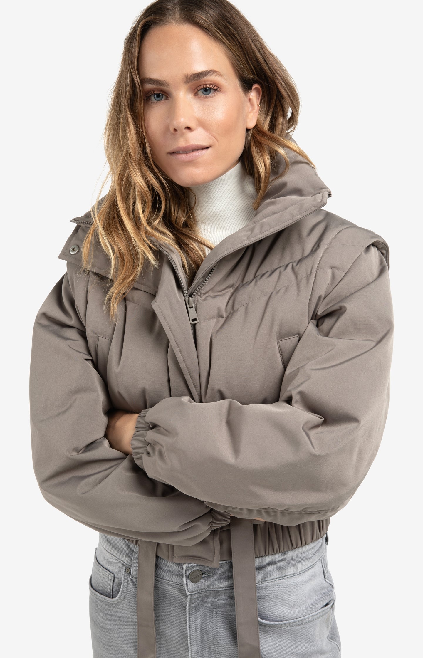 Cropped nylon jacket with zip-off sleeves