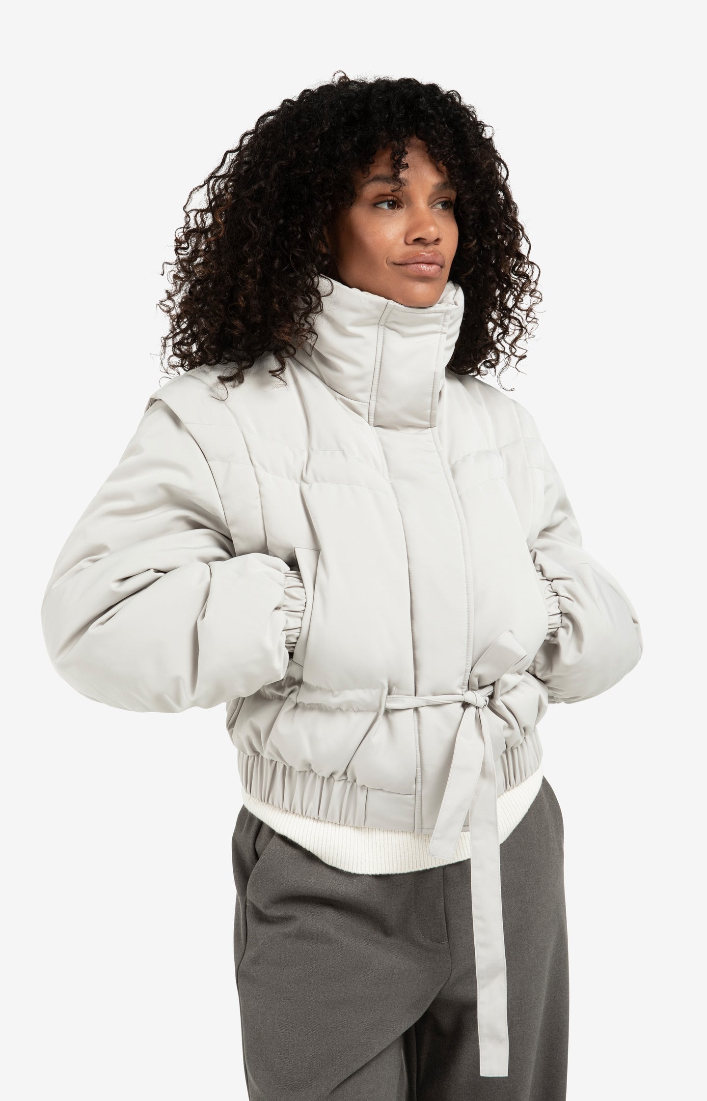 Cropped nylon jacket with zip-off sleeves