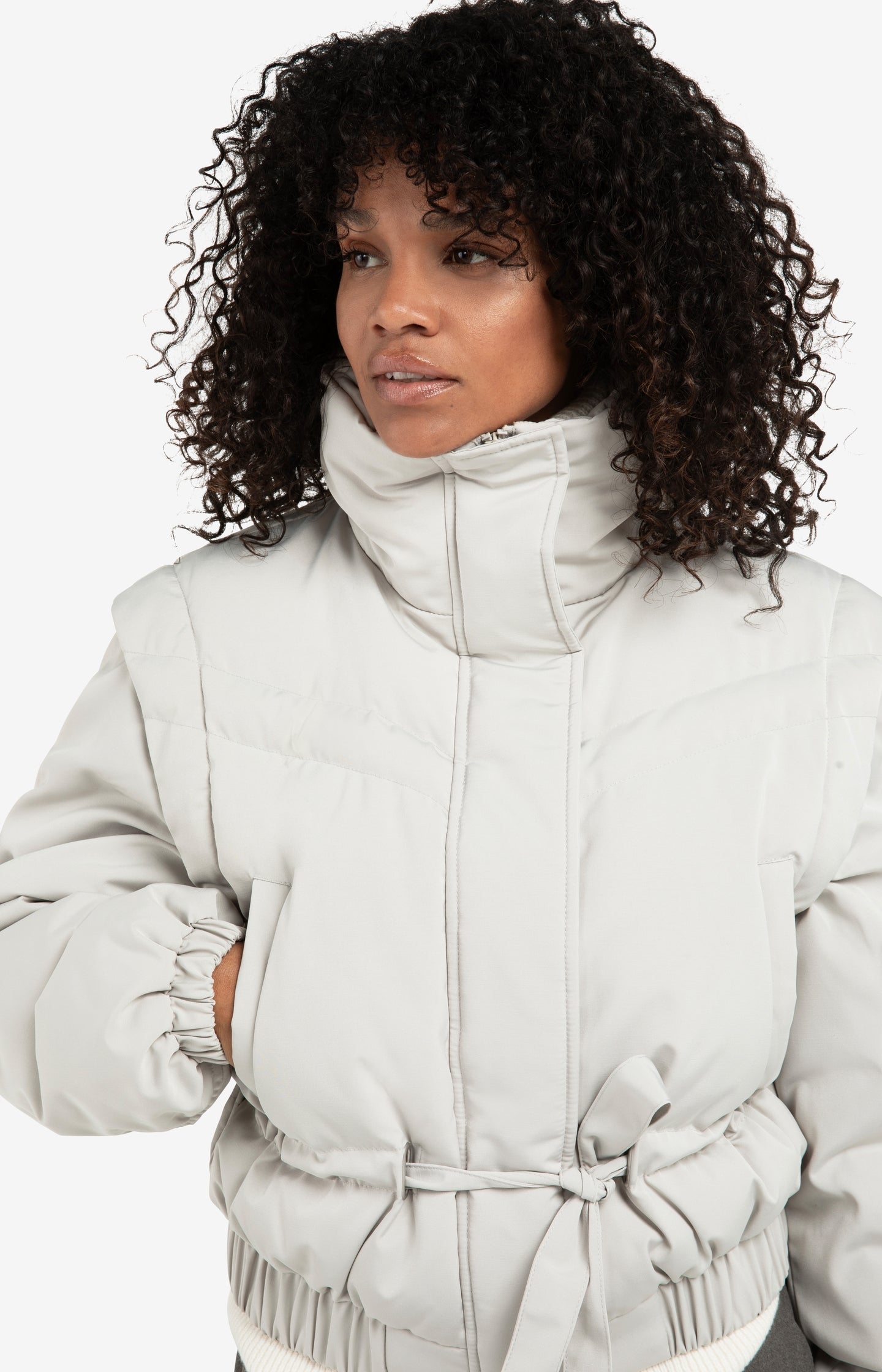 Cropped nylon jacket with zip-off sleeves