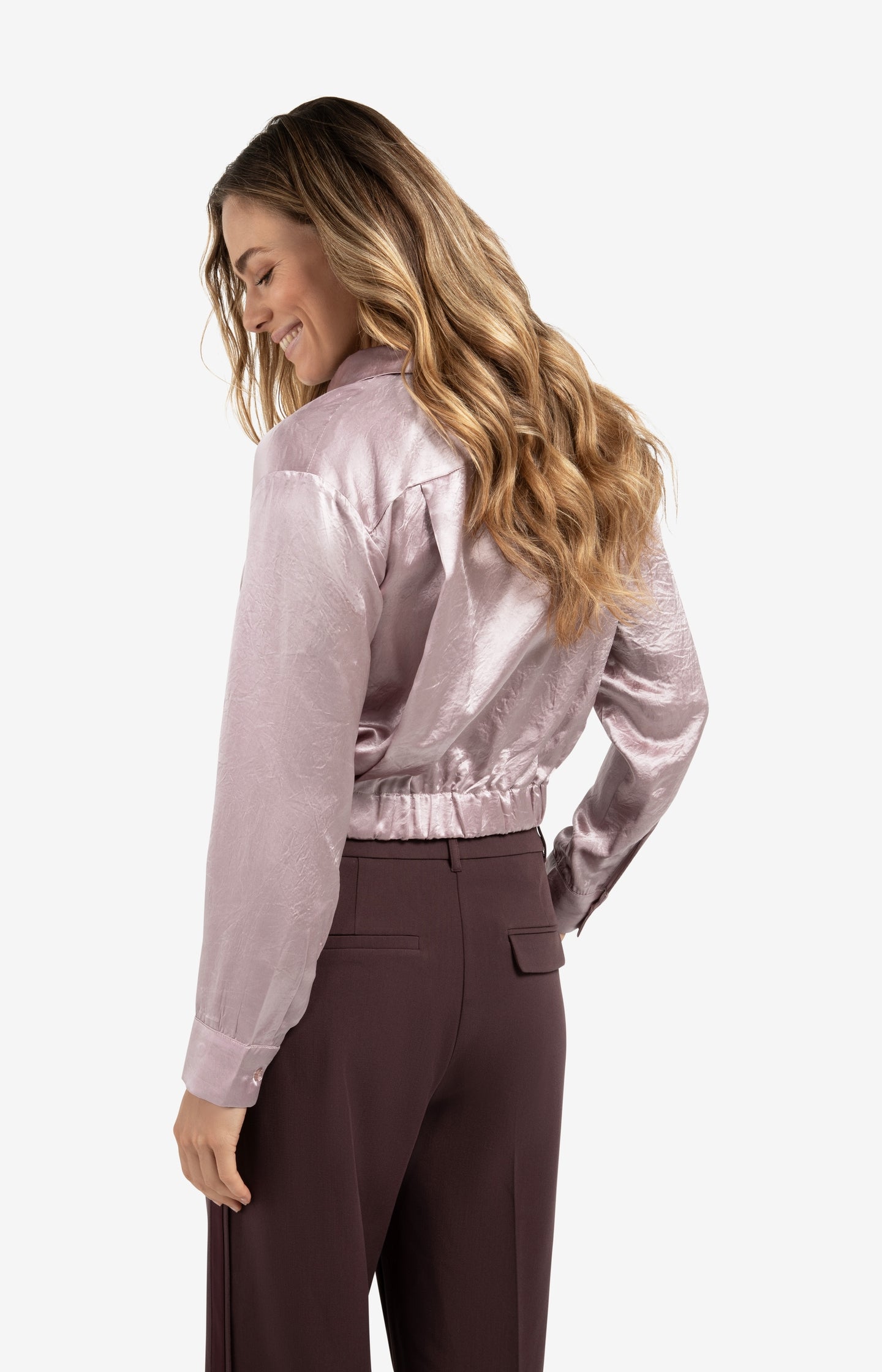 Cropped satin blouse with draping and elastic hem
