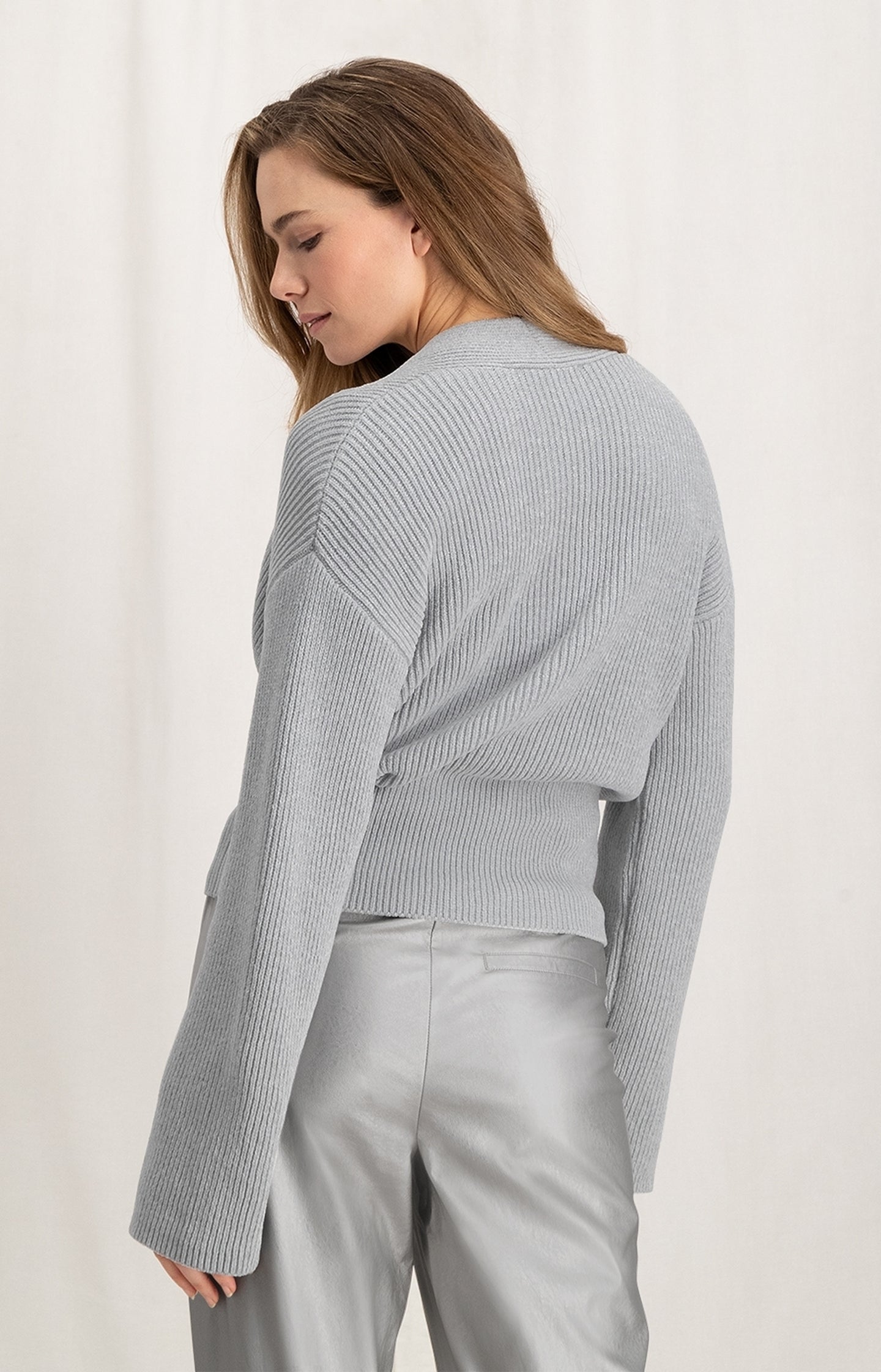 Cropped wrap sweater with V-neck and long wide sleeves