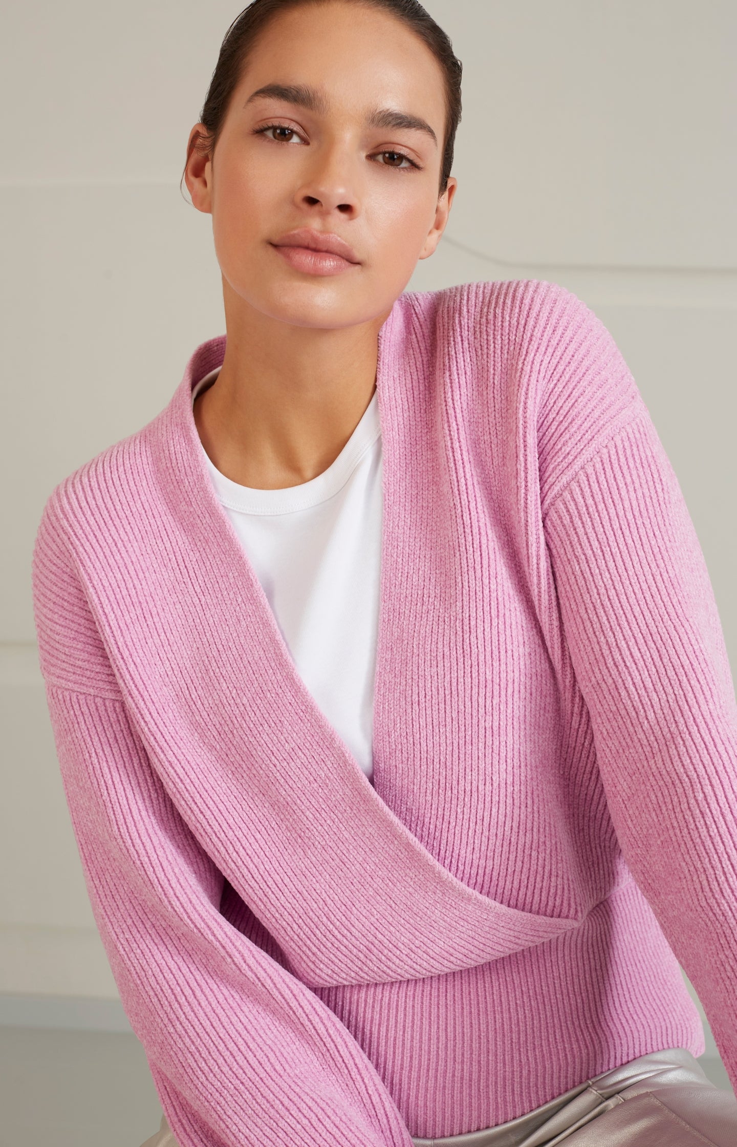 Pink wrap sweater best sale