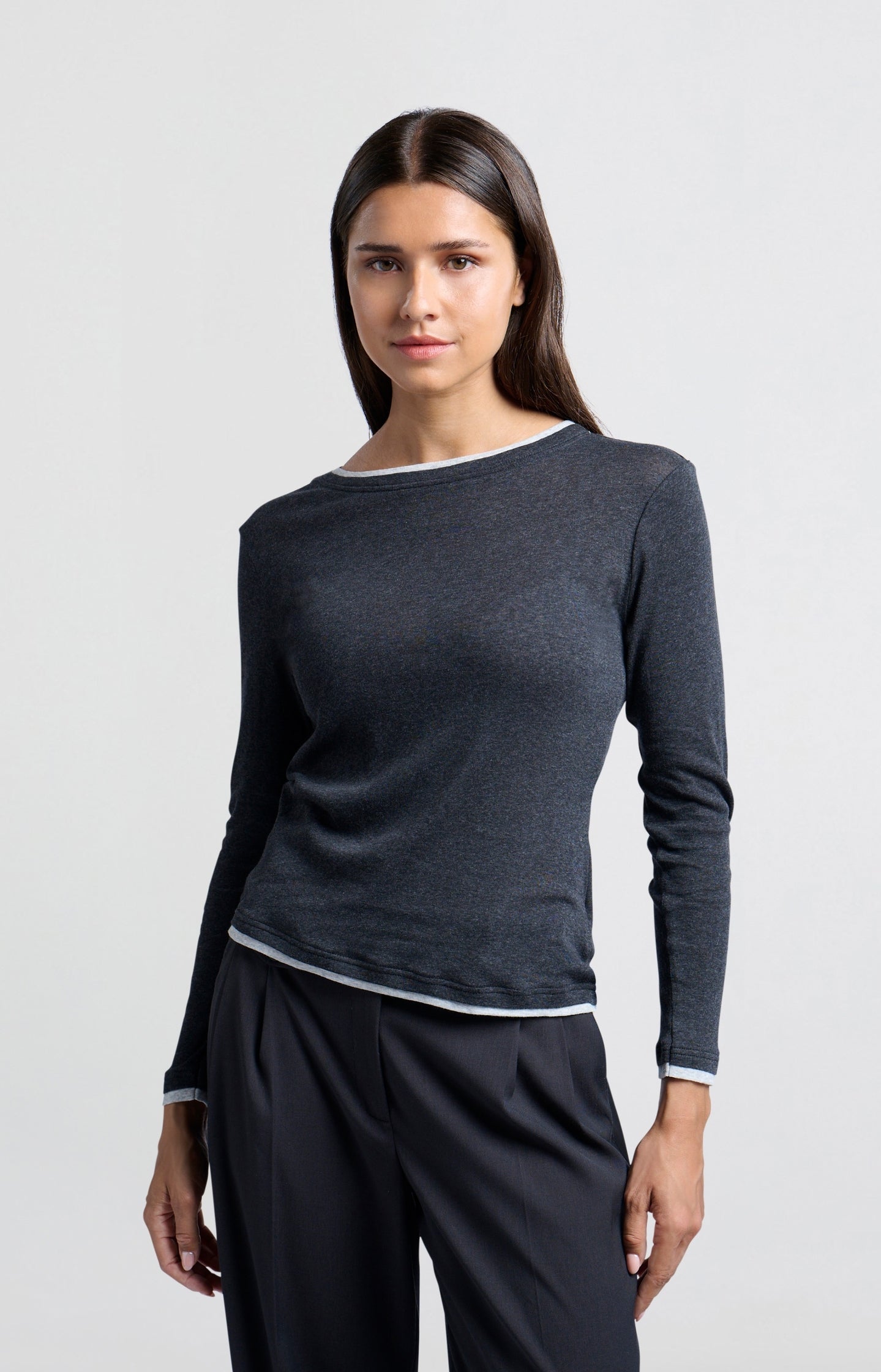 Dark gray top with long sleeves and round neck - Anthracite Melange