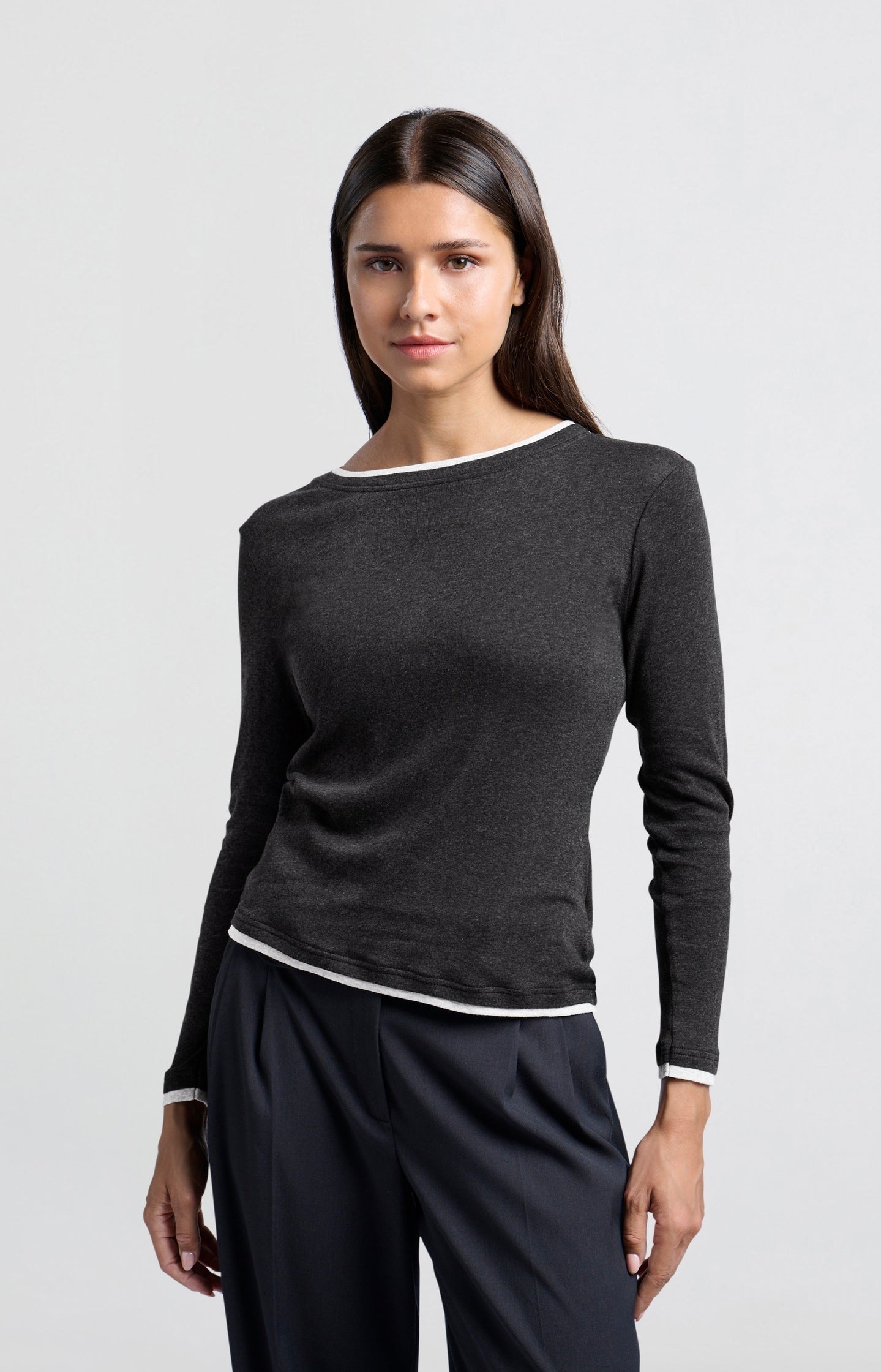 Dark gray top with long sleeves and round neck