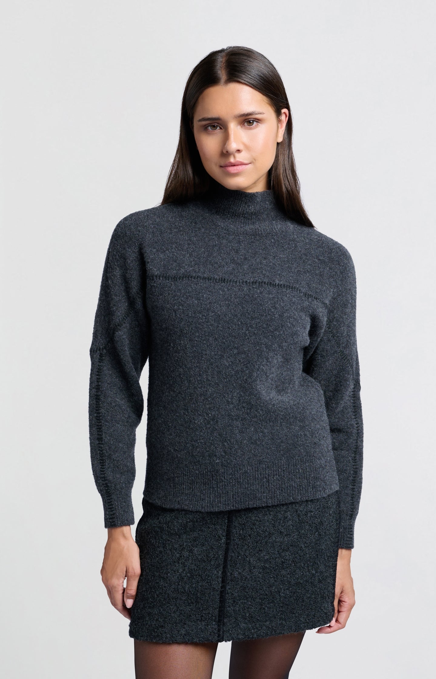 Dark grey sweater with subtle seam detail and high collar - Type: lookbook