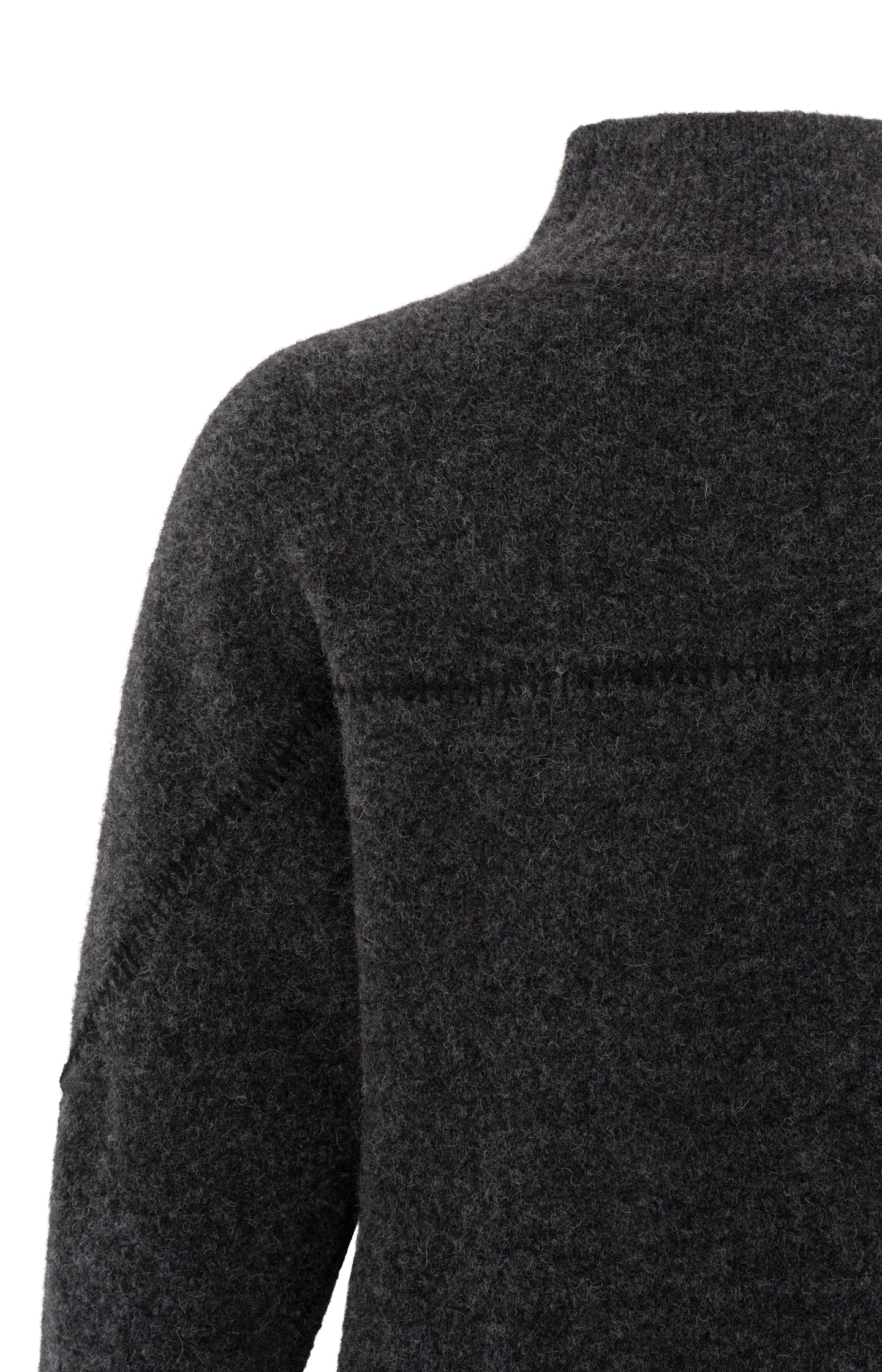 Dark grey sweater with subtle seam detail and high collar