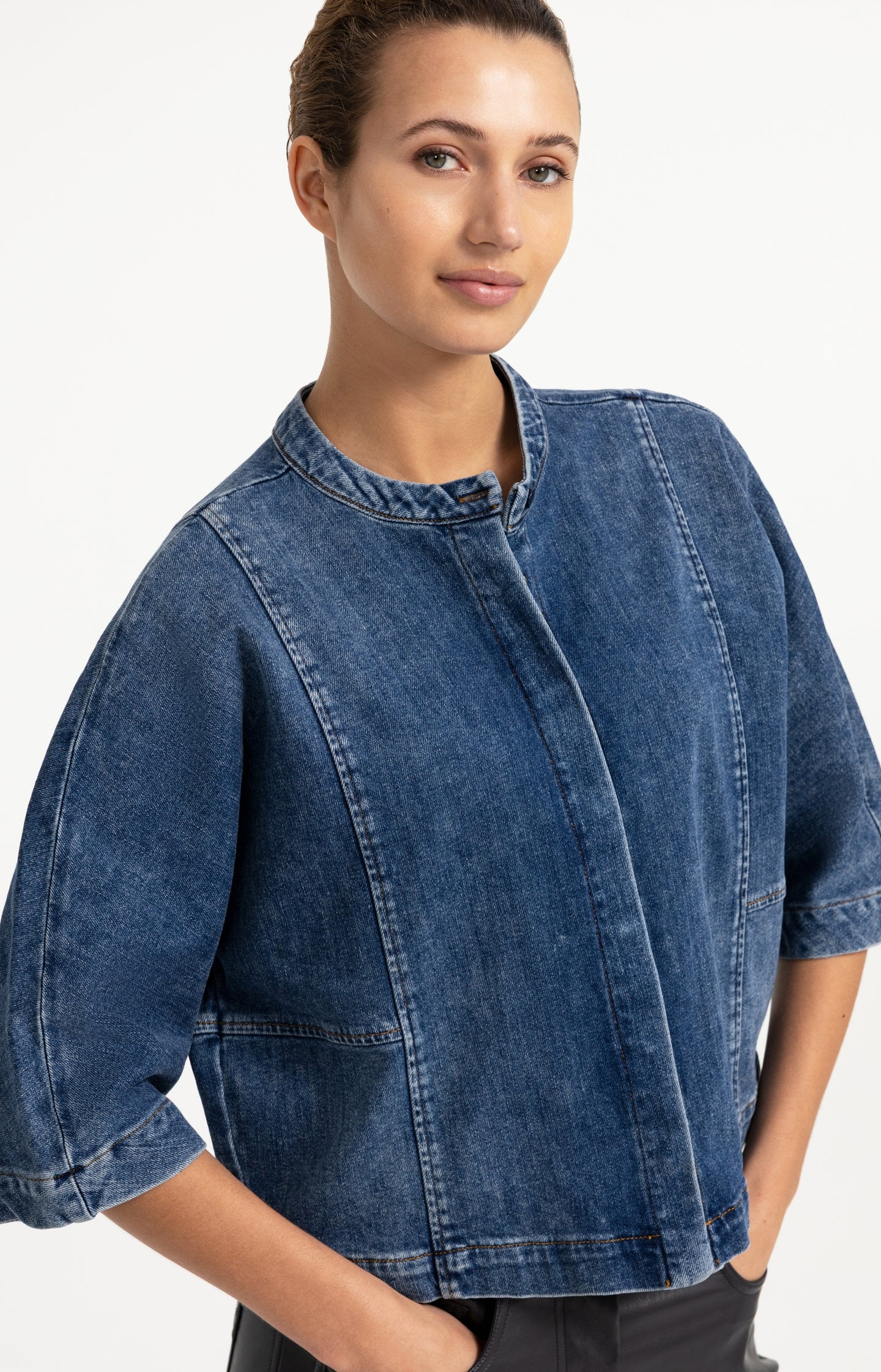 Denim blouse with short sleeves
