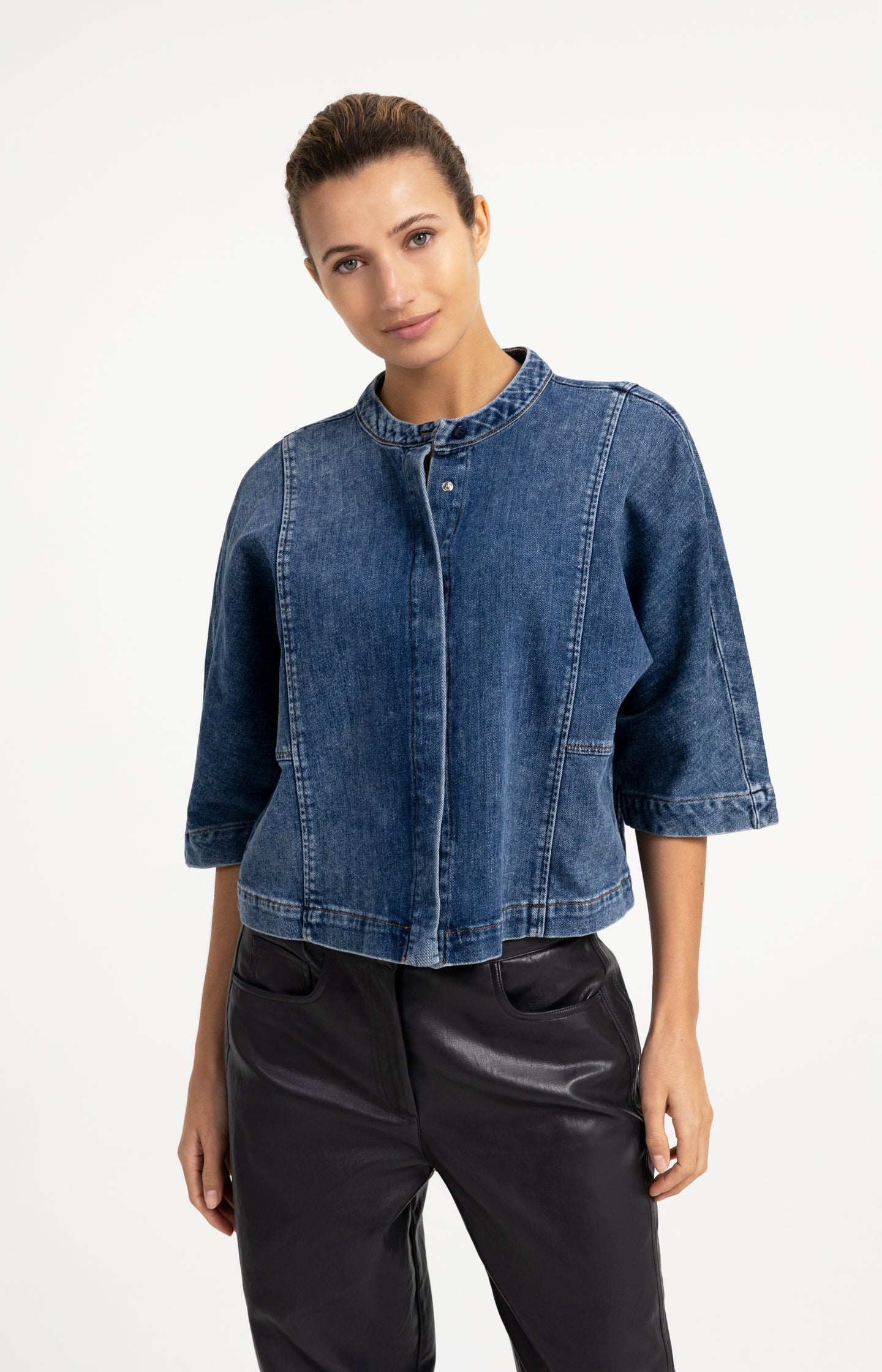 Denim blouse with short sleeves