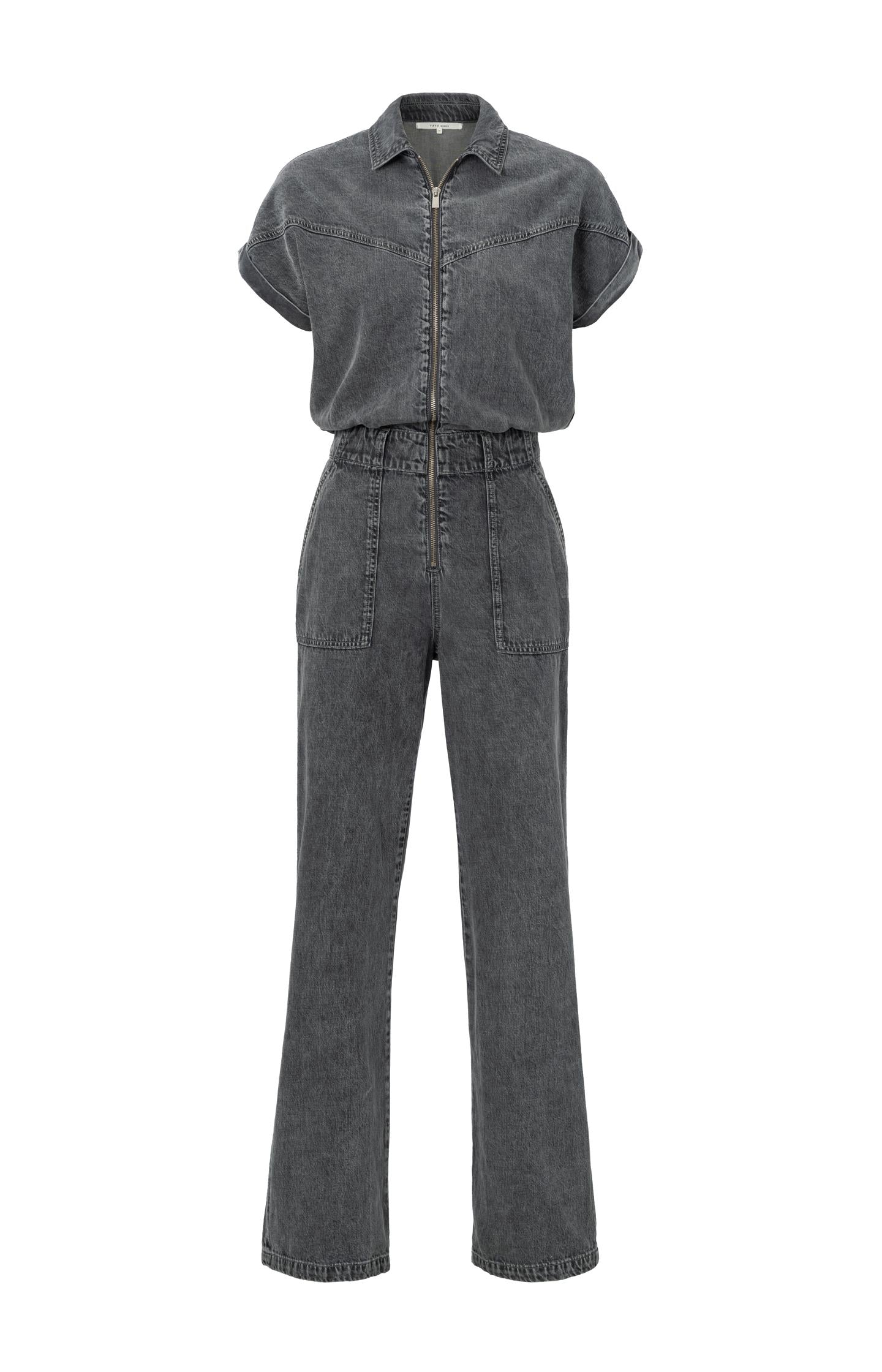 Denim jumpsuit with short sleeves, wide legs and zipper - Type: product