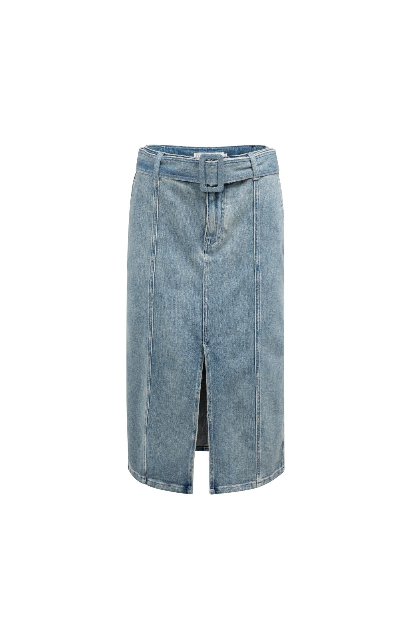 Denim midi skirt with belt and slit