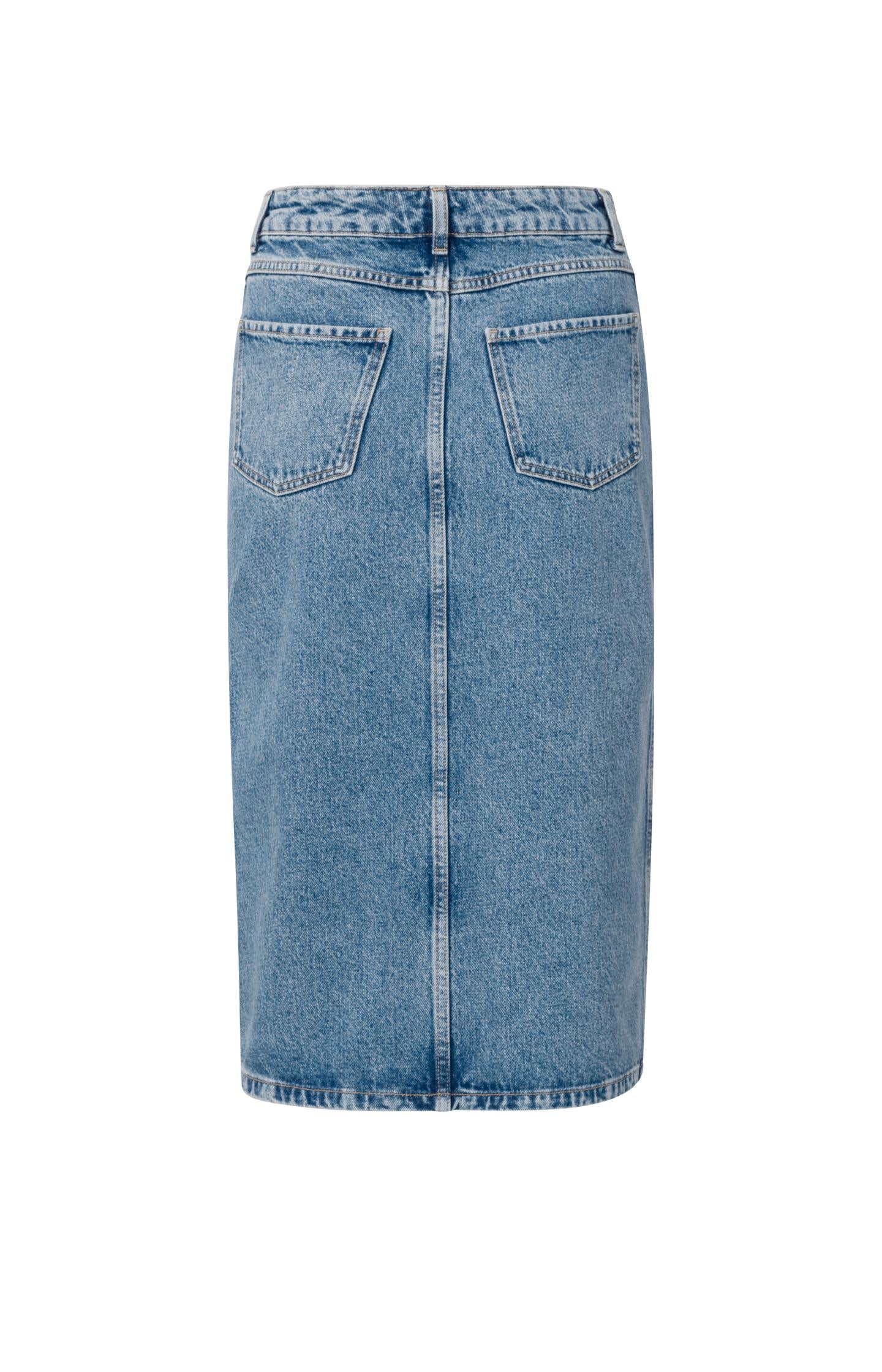 Denim midi skirt with buttons and slit in cotton - Blue Denim