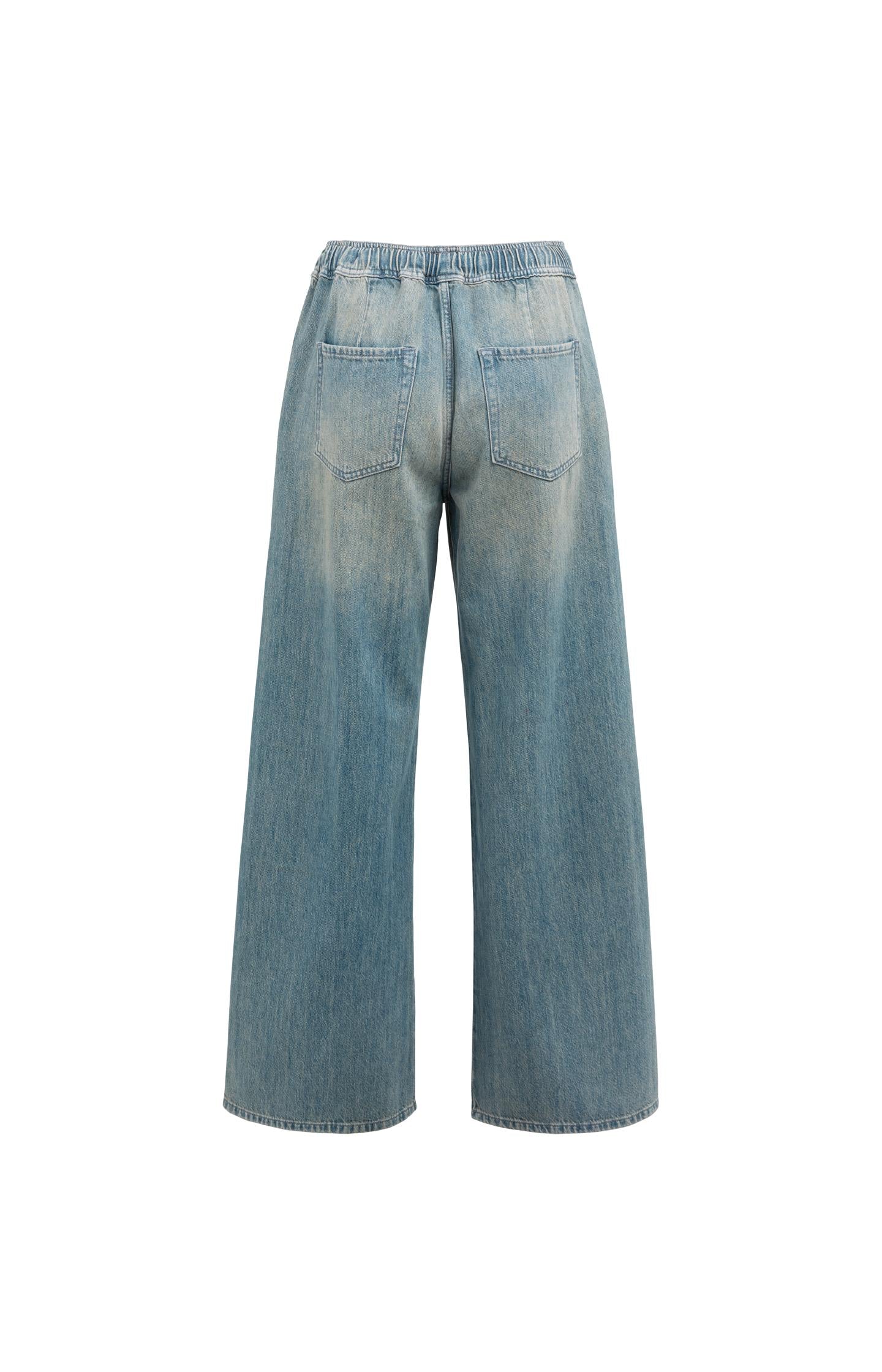 Denim trousers with wide legs and drawstring - Type: video