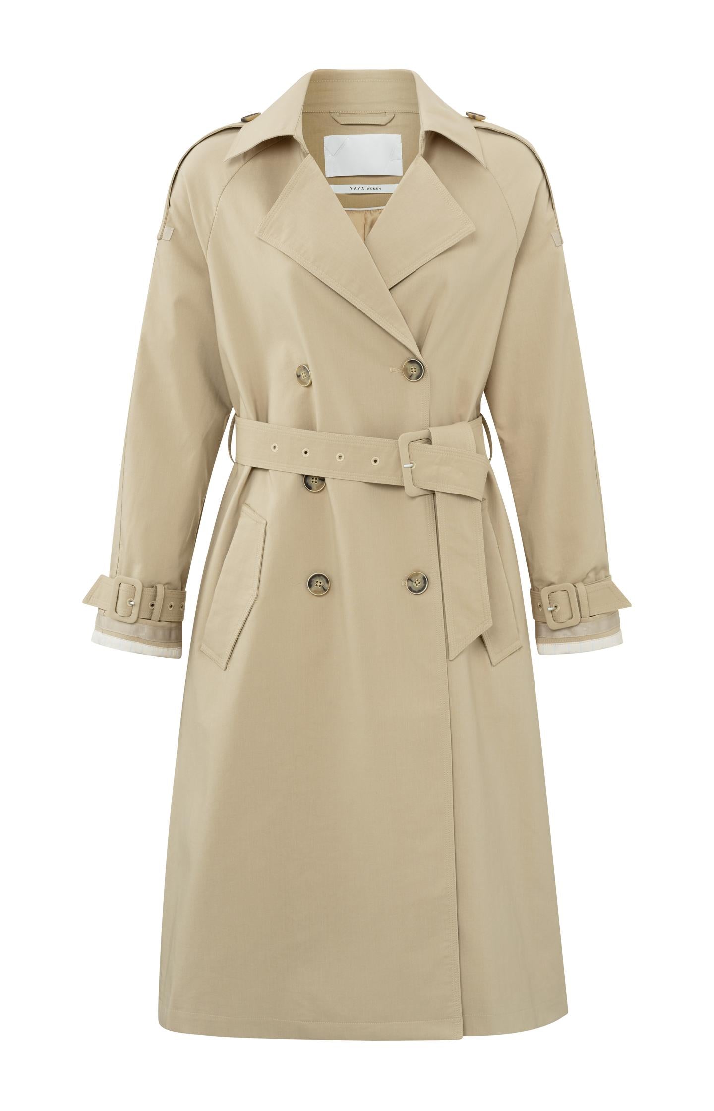 Double breasted trench coat with long sleeves, pockets and belt