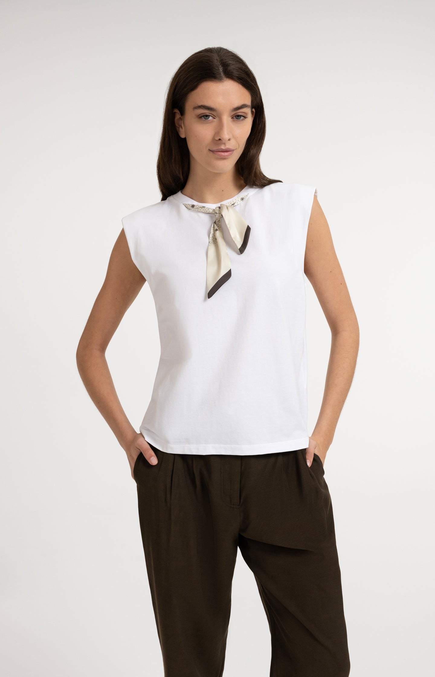 Double-layer sleeveless top with scarf detail