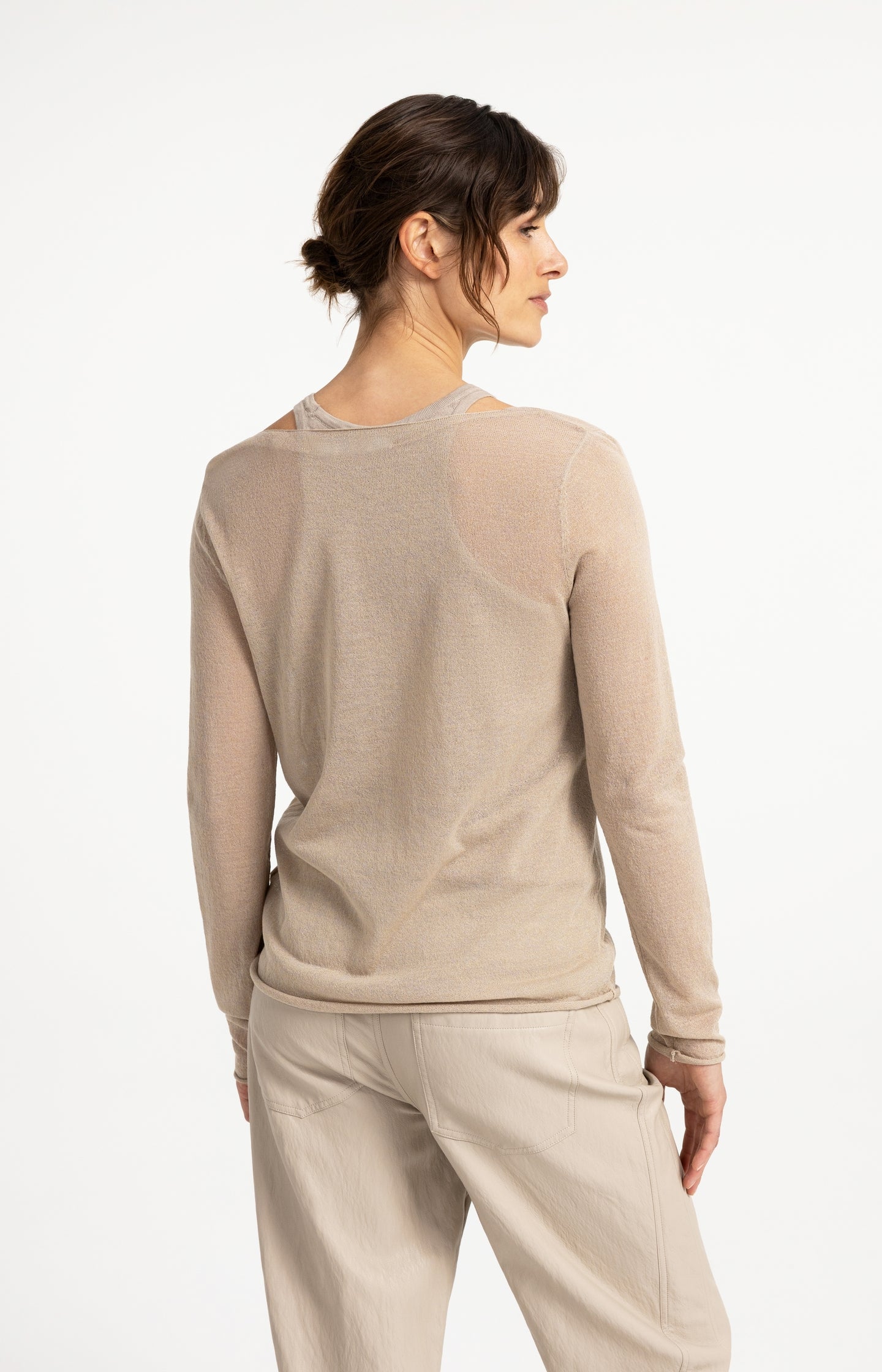 Double-layered fine-knit top with long sleeves