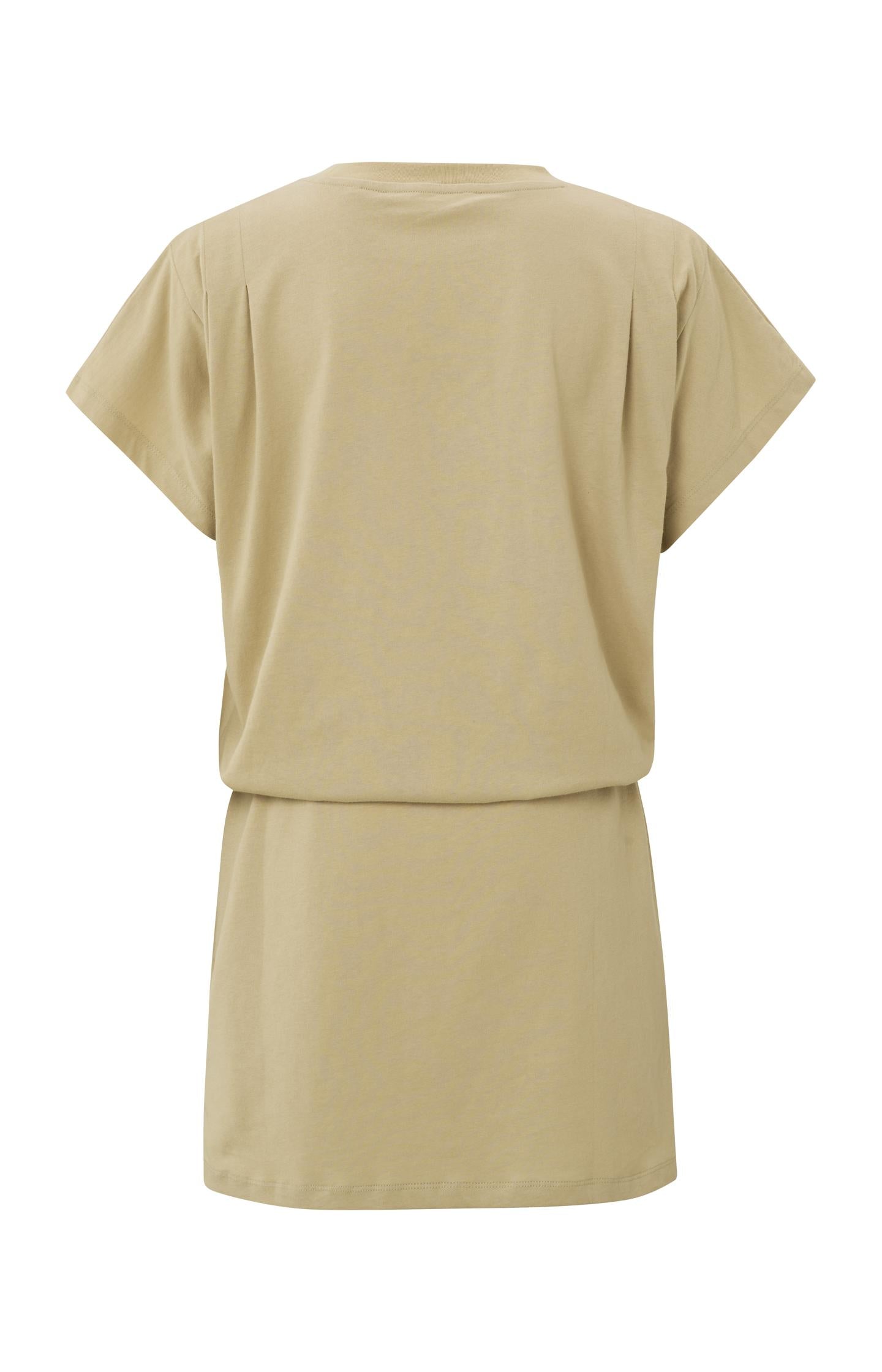 Dress with round neck, short sleeves, waistband and details