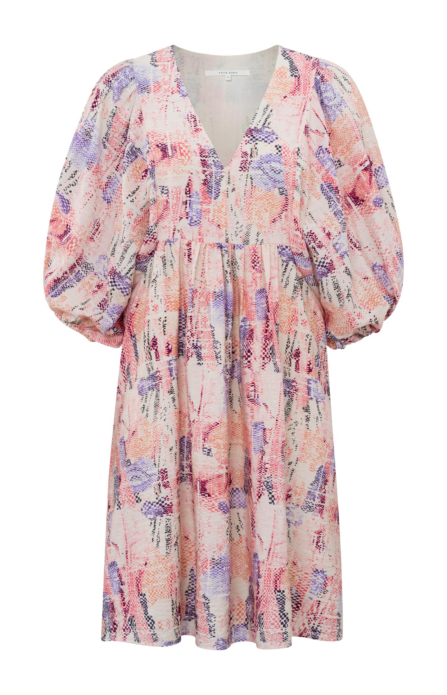 Dress with V-neck, large balloon sleeves and colorful print - Type: product