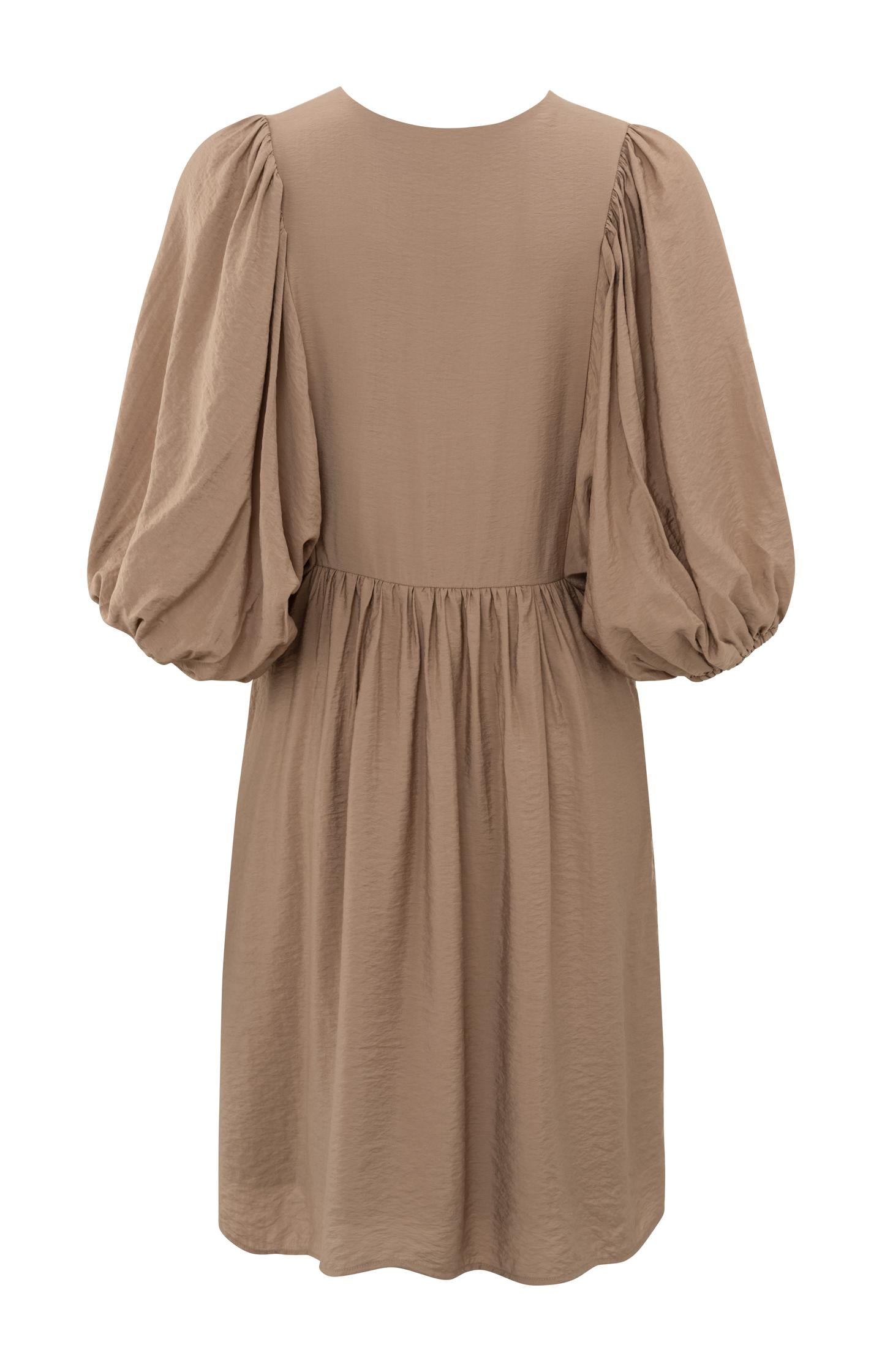 Dress with V-neck, large balloon sleeves and pleated details