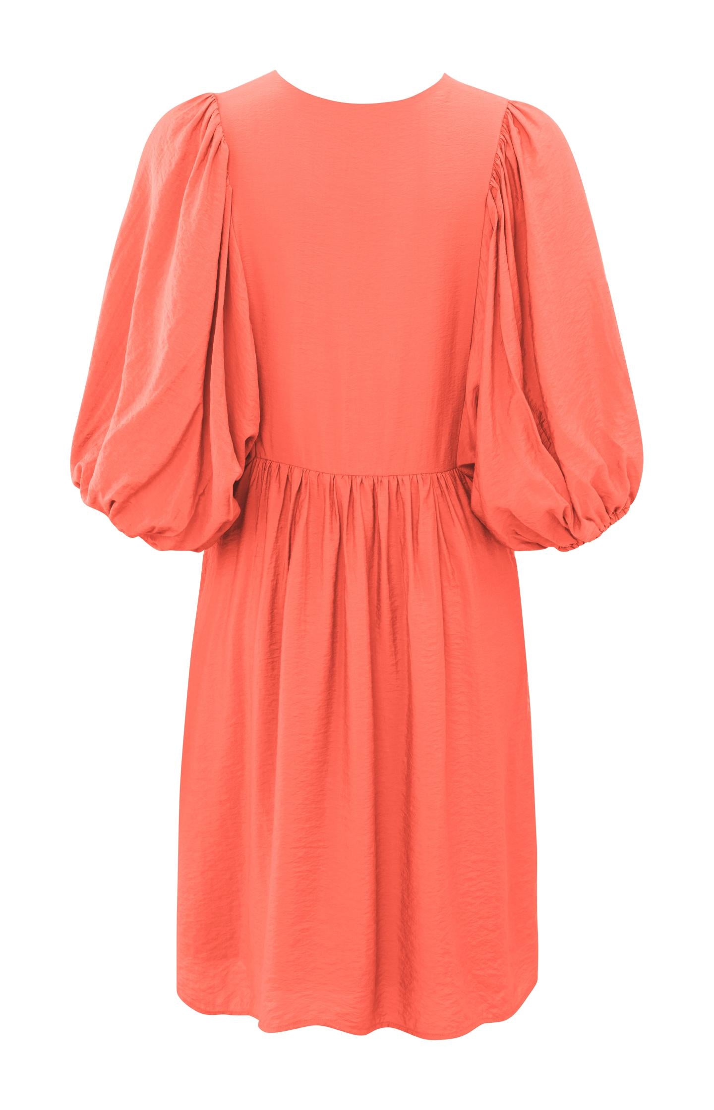 Dress with V-neck, large balloon sleeves and pleated details