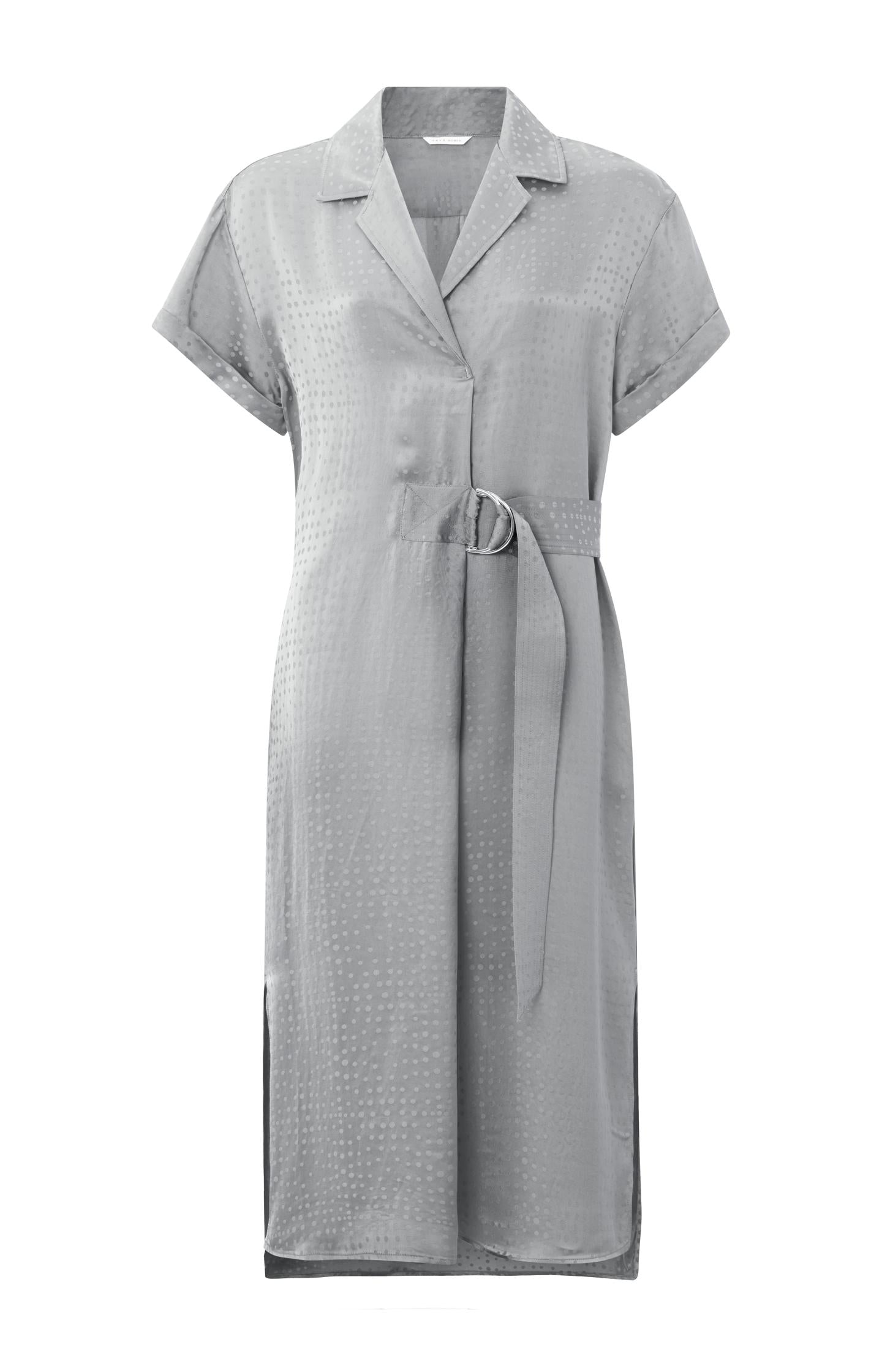 Dress with V-neck, short sleeves, strap and dot pattern