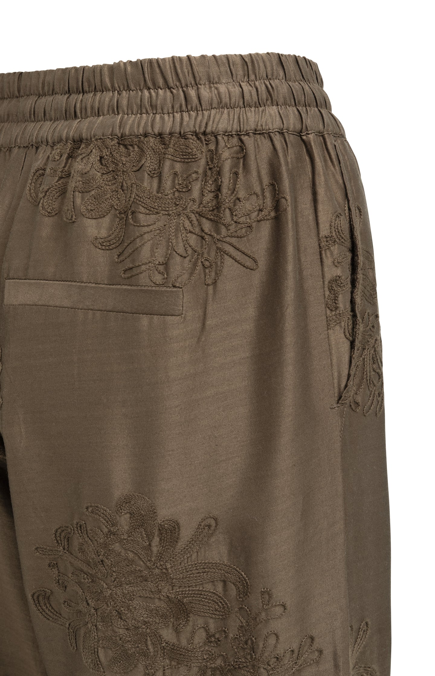 Embroidered trousers with wide legs and elastic waist